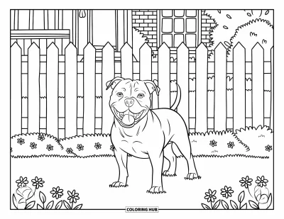 Coloriage de Pitbull pour enfants : Un pitbull se tient souriant près de fleurs et d’une maison en briques rouges