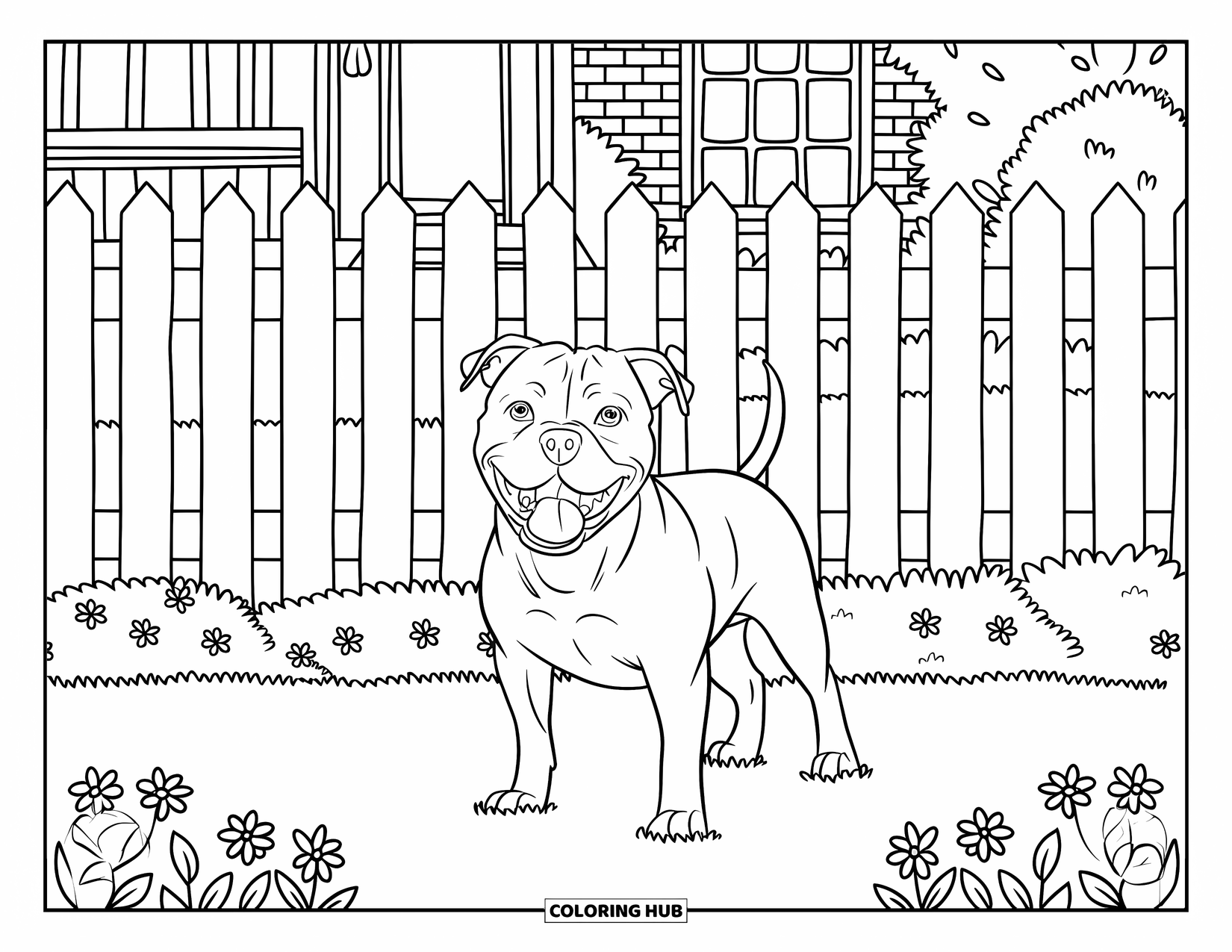 Dibujo para colorear de Pitbull para niños: Un pitbull está de pie sonriendo cerca de flores y una casa de ladrillo rojo