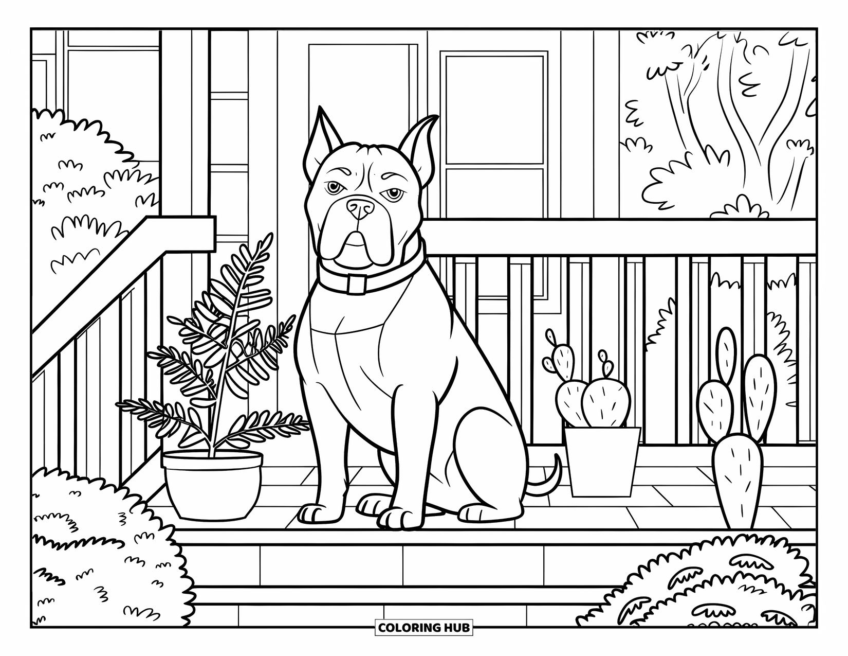 Dibujo para colorear de Pitbull para niños: Un pitbull rodeado de vegetación se sienta tranquilamente en un porche con plantas en macetas