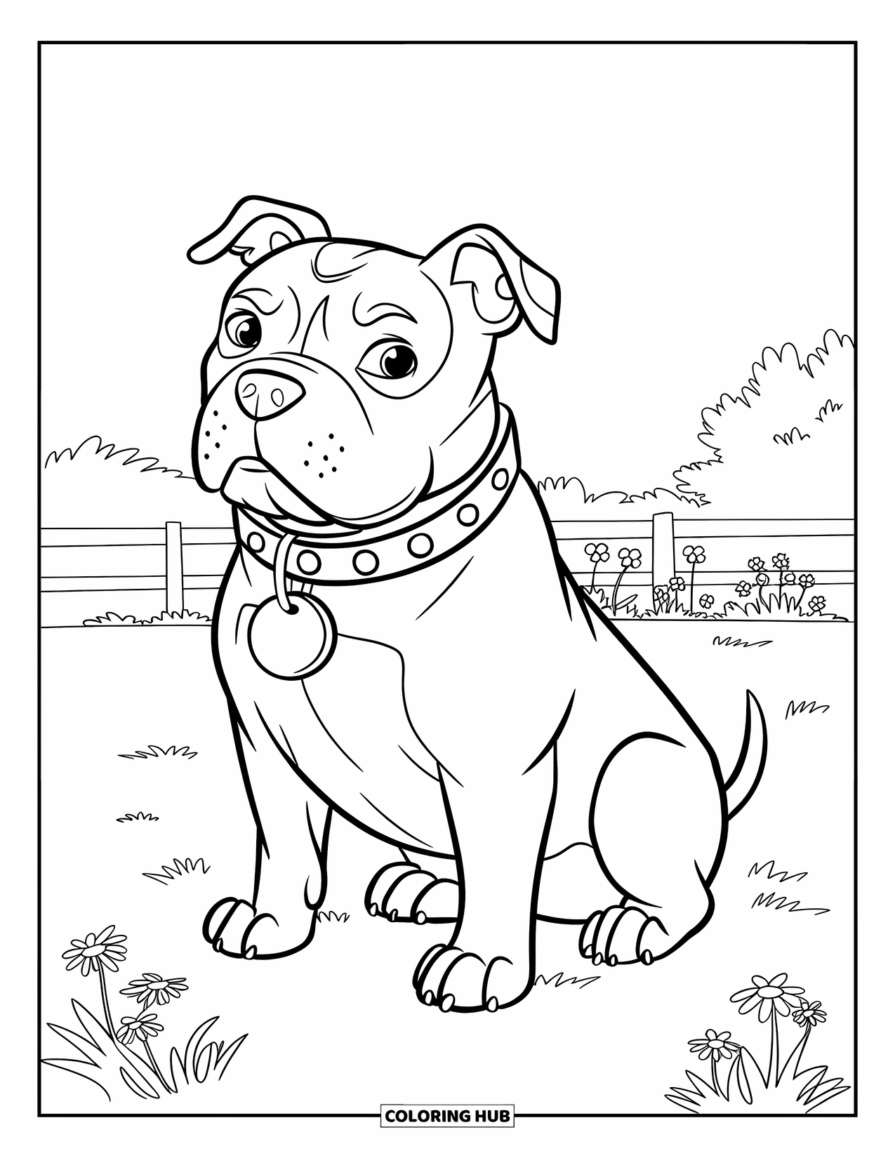 Dibujo para colorear de Pitbull para niños: Un pitbull lleva un collar grande y una etiqueta con su nombre mientras está sentado en el césped