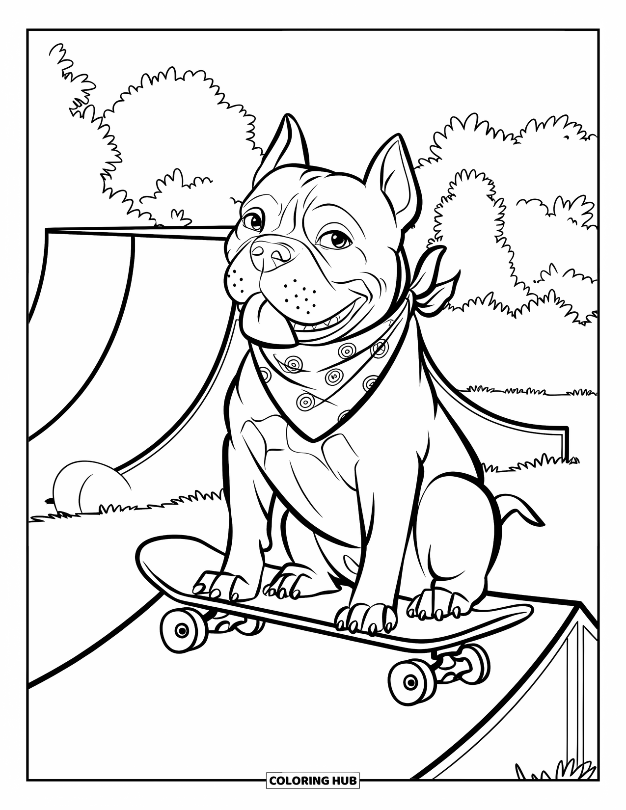 Dibujo para colorear de Pitbull para niños: Un pitbull con un pañuelo se sienta juguetonamente en una rampa de patineta
