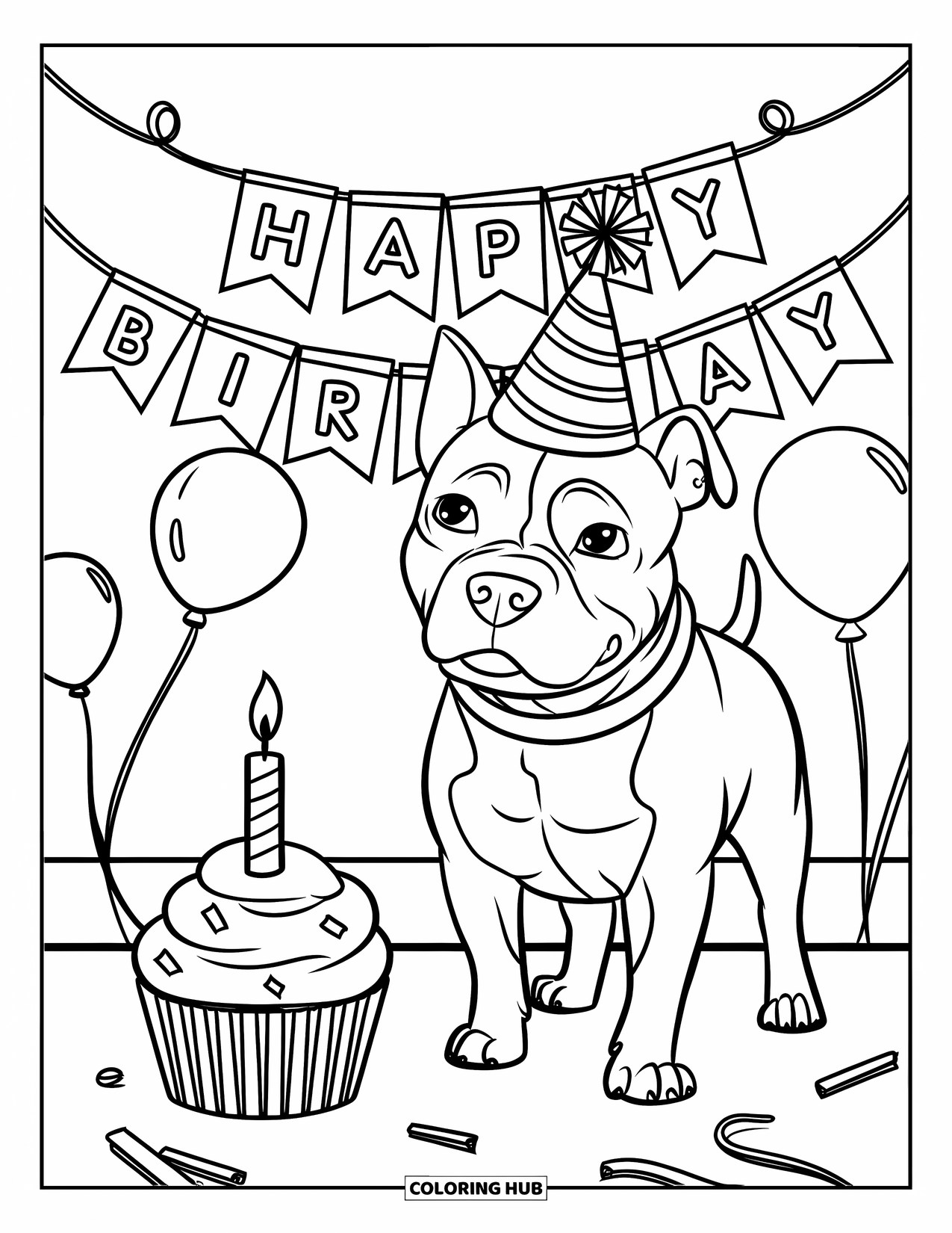 Dibujo para colorear de Pitbull para niños: Un pitbull con un cupcake con una vela encima se sienta debajo de una pancarta de cumpleaños y globos
