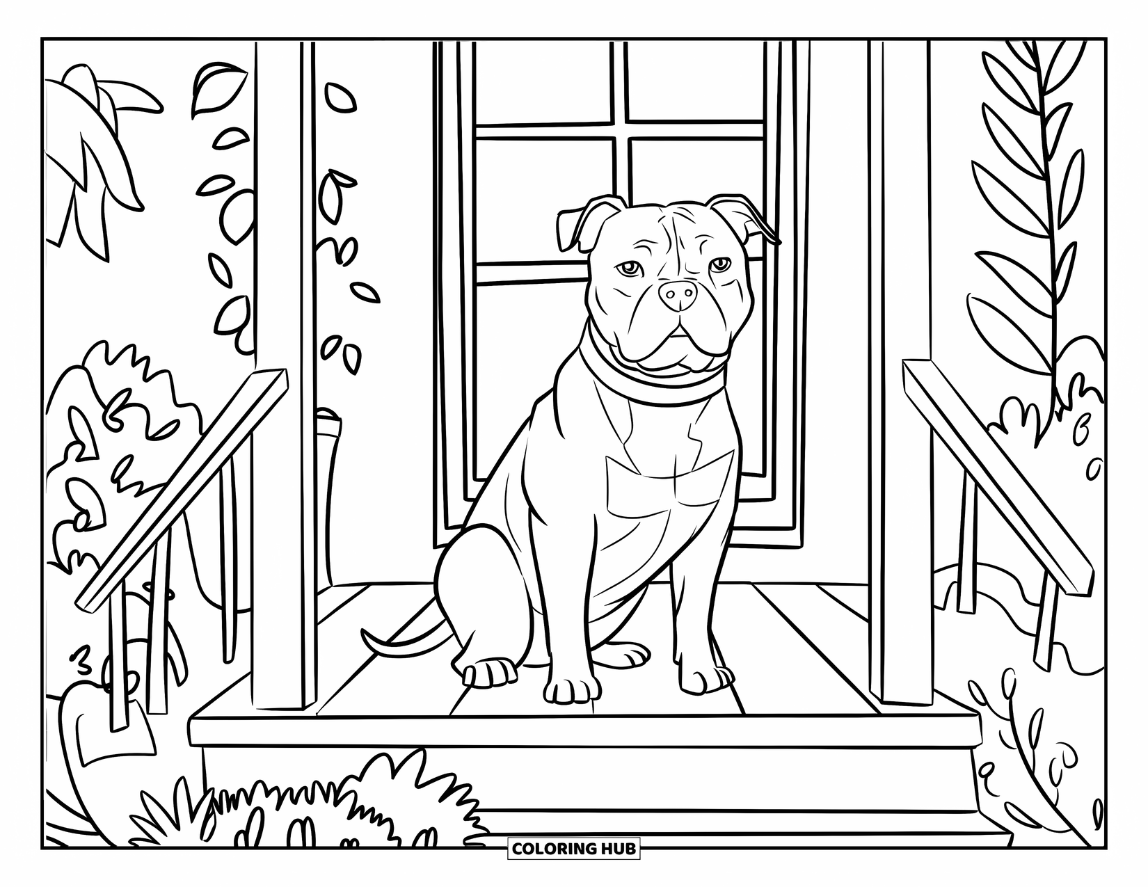 Dibujo para colorear de Pitbull para niños: Un pitbull con un collar se sienta en un porche junto a plantas frondosas