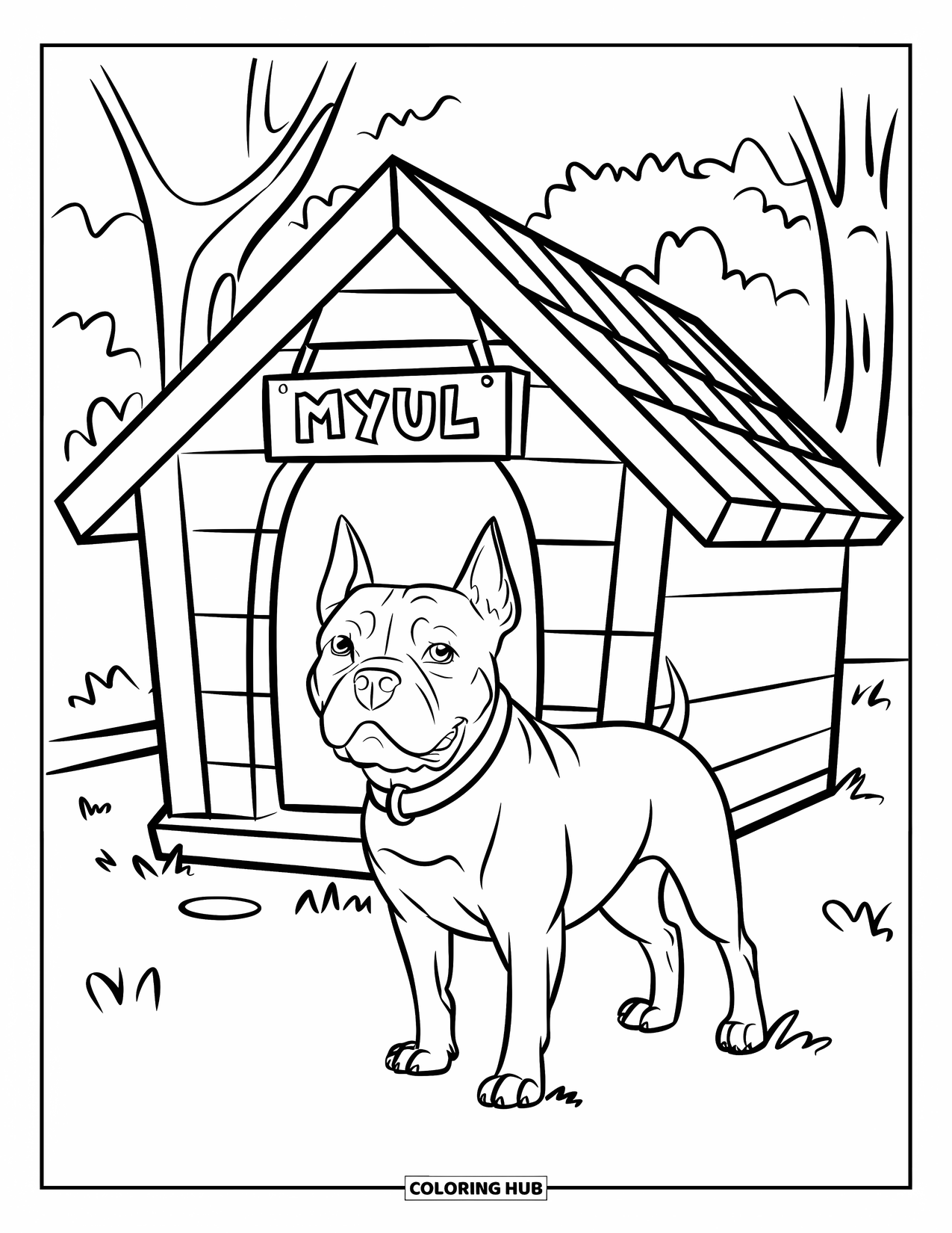 Dibujo para colorear de Pitbull para niños: Un pitbull con un collar está de pie cerca de una caseta de madera debajo de los árboles