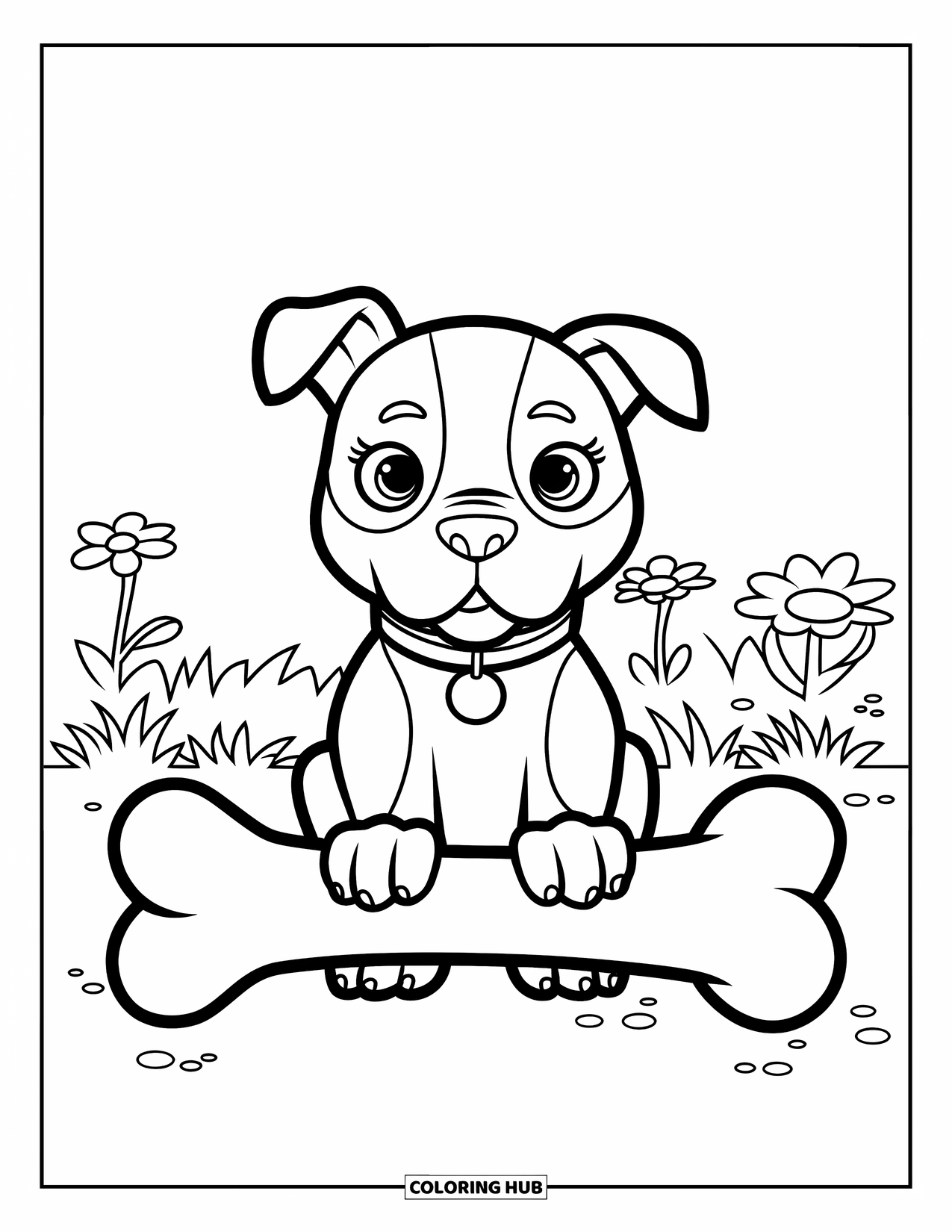 Dibujo para colorear de Pitbull para niños: Un pitbull con orejas caídas sonríe junto a un hueso grande en el césped