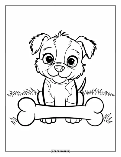 Coloriage de Pitbull pour enfants : Un pitbull avec une fourrure duveteuse et une queue qui remue est assis à côté d’un gros os