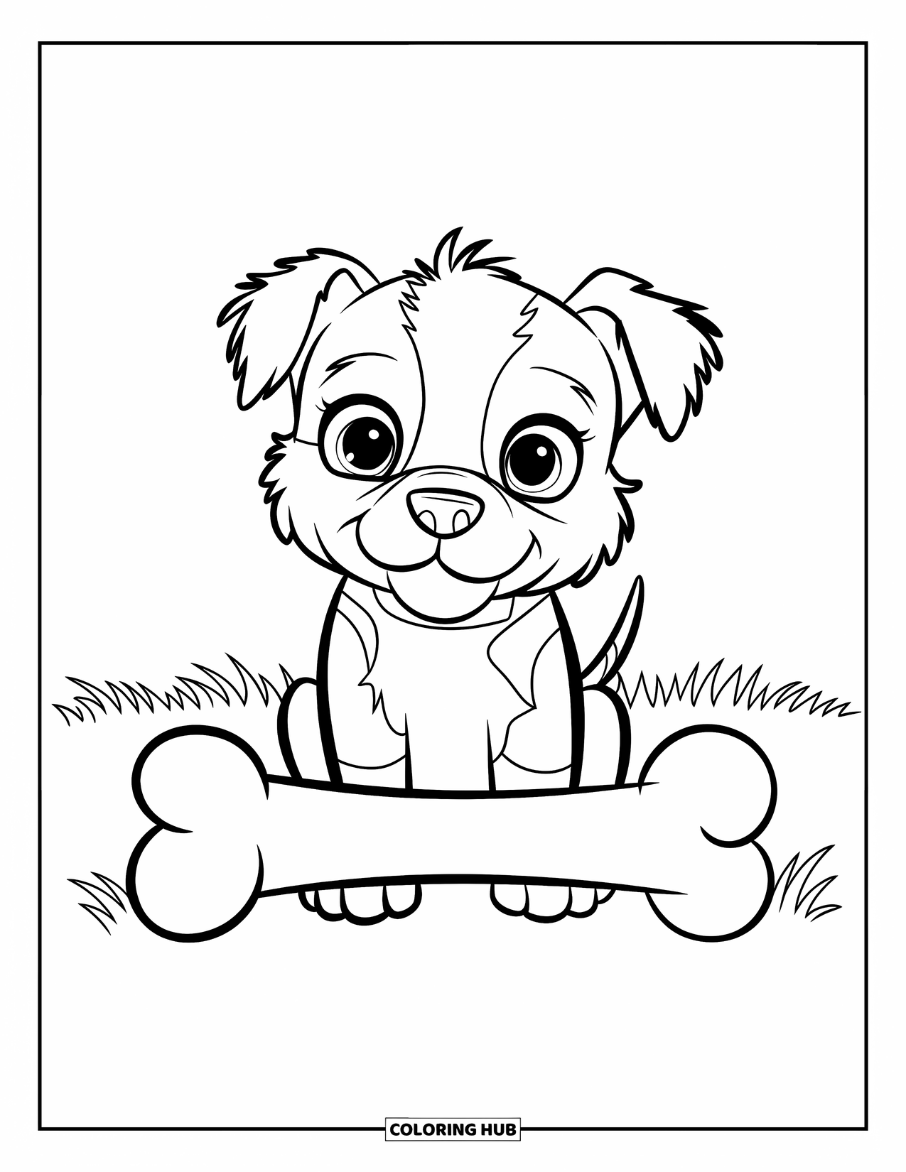 Dibujo para colorear de Pitbull para niños: Un pitbull con pelaje esponjoso y cola que se mueve se sienta junto a un hueso grande