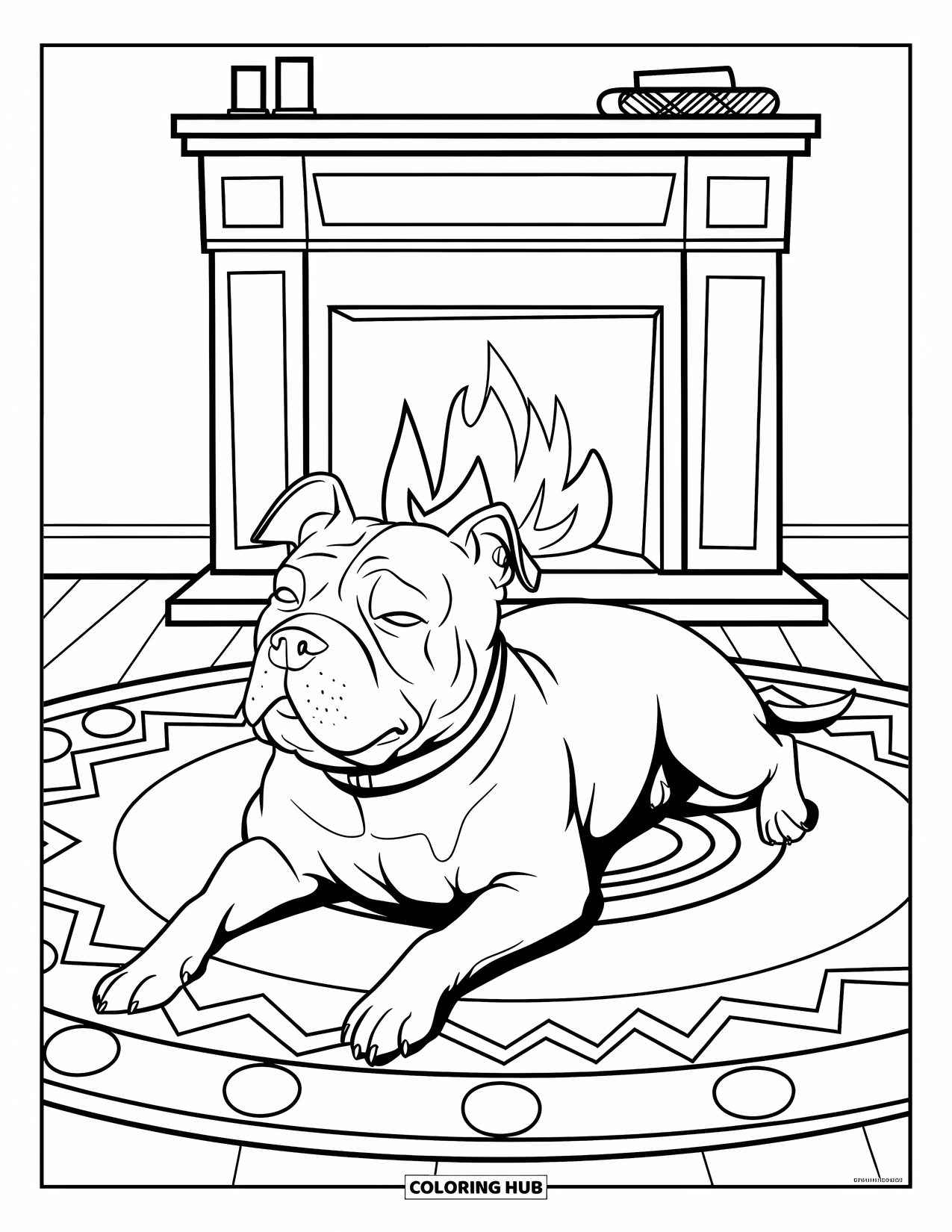 Dibujo para colorear de Pitbull para niños: Un pitbull con pelaje suave duerme en una alfombra junto a una chimenea brillante