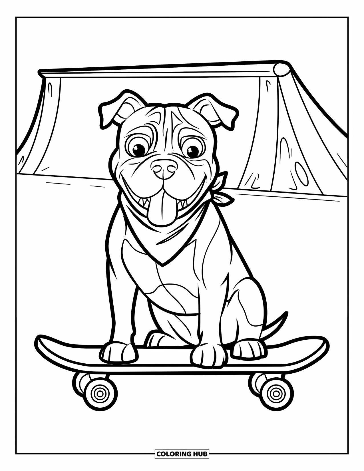 Dibujo para colorear de Pitbull para niños: Un pitbull con la lengua afuera se sienta en una rampa listo para patinar