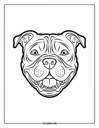 Coloriage de Pitbulls pour enfants : Le visage d'un Pitbull avec de grands yeux expressifs et un grand sourire joyeux