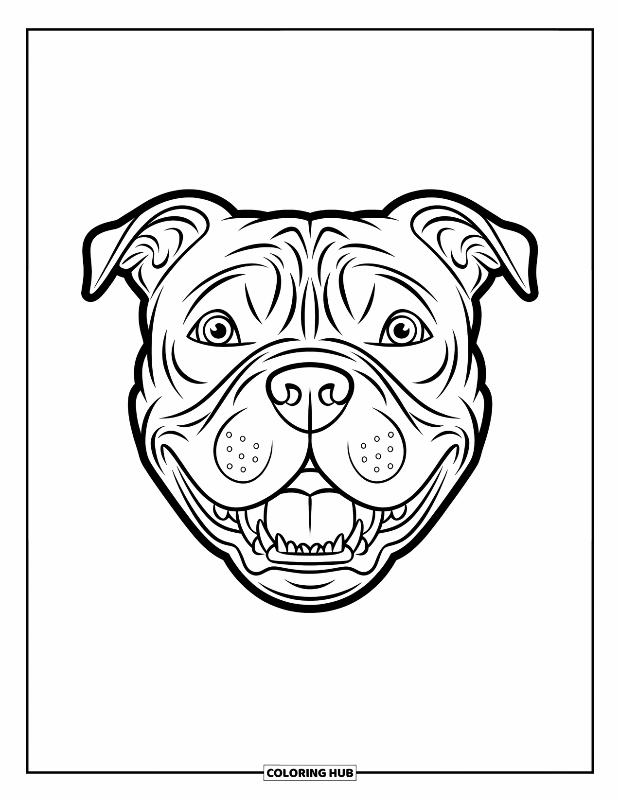 Dibujo para colorear de Pitbull para niños: La cara de un pitbull se ve emocionada con ojos grandes y una boca alegre