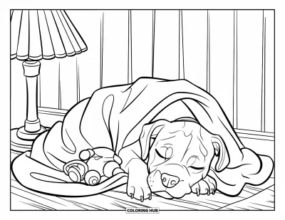 Coloriage de Pitbull pour enfants : Un chiot pitbull endormi se blottit dans une couverture à côté d’un jouet préféré