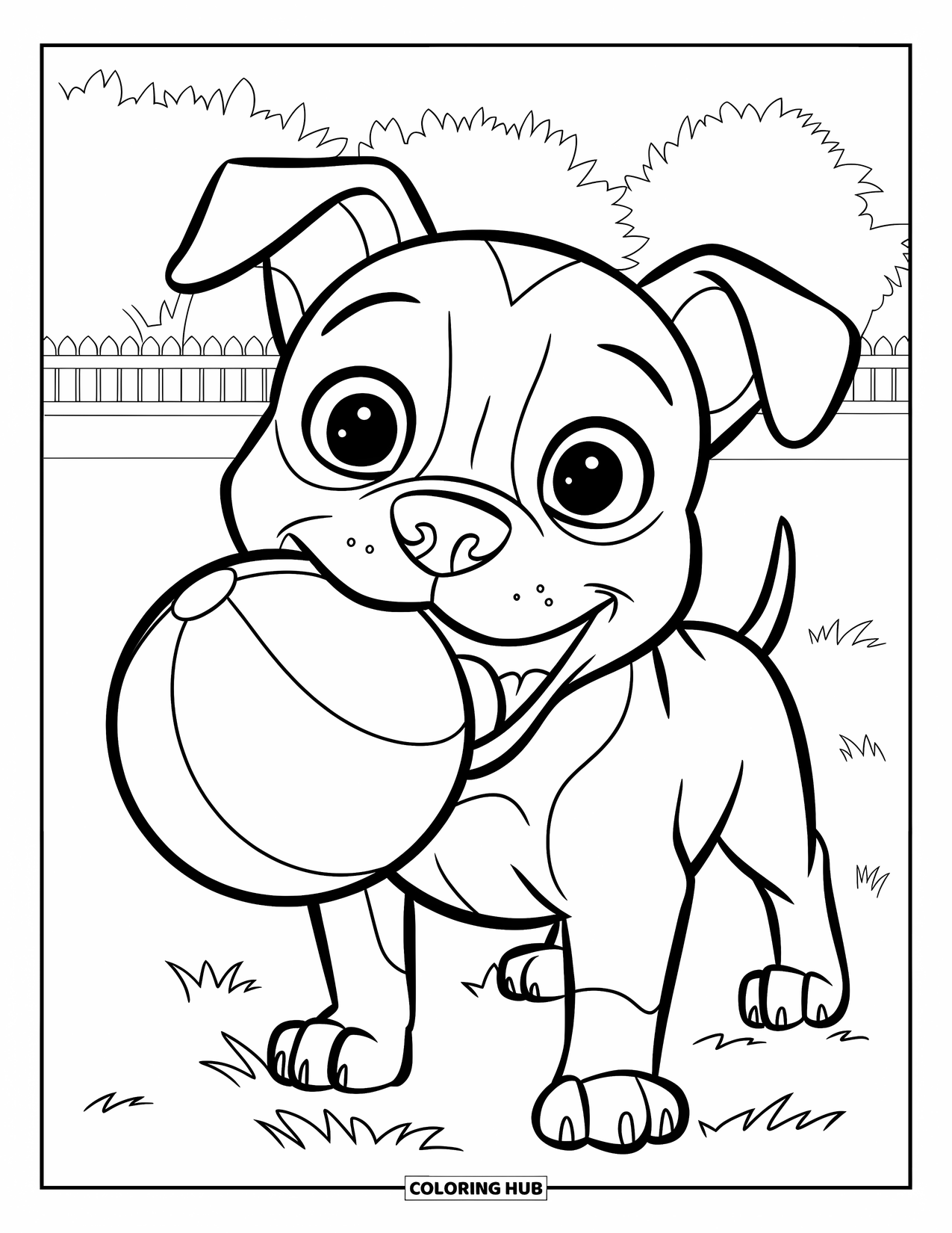 Dibujo para colorear de Pitbull para niños: Un cachorro de pitbull sonriente lleva una pelota junto a árboles y una cerca de patio trasero