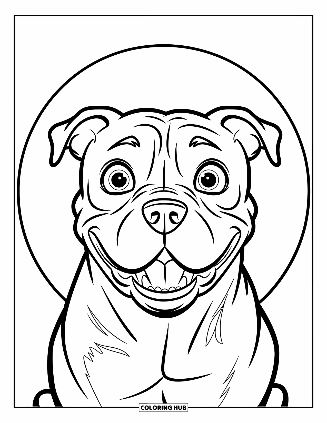 Dibujo para colorear de Pitbull para niños: Un pitbull sonriente con orejas caídas se sienta felizmente dentro de un círculo blanco