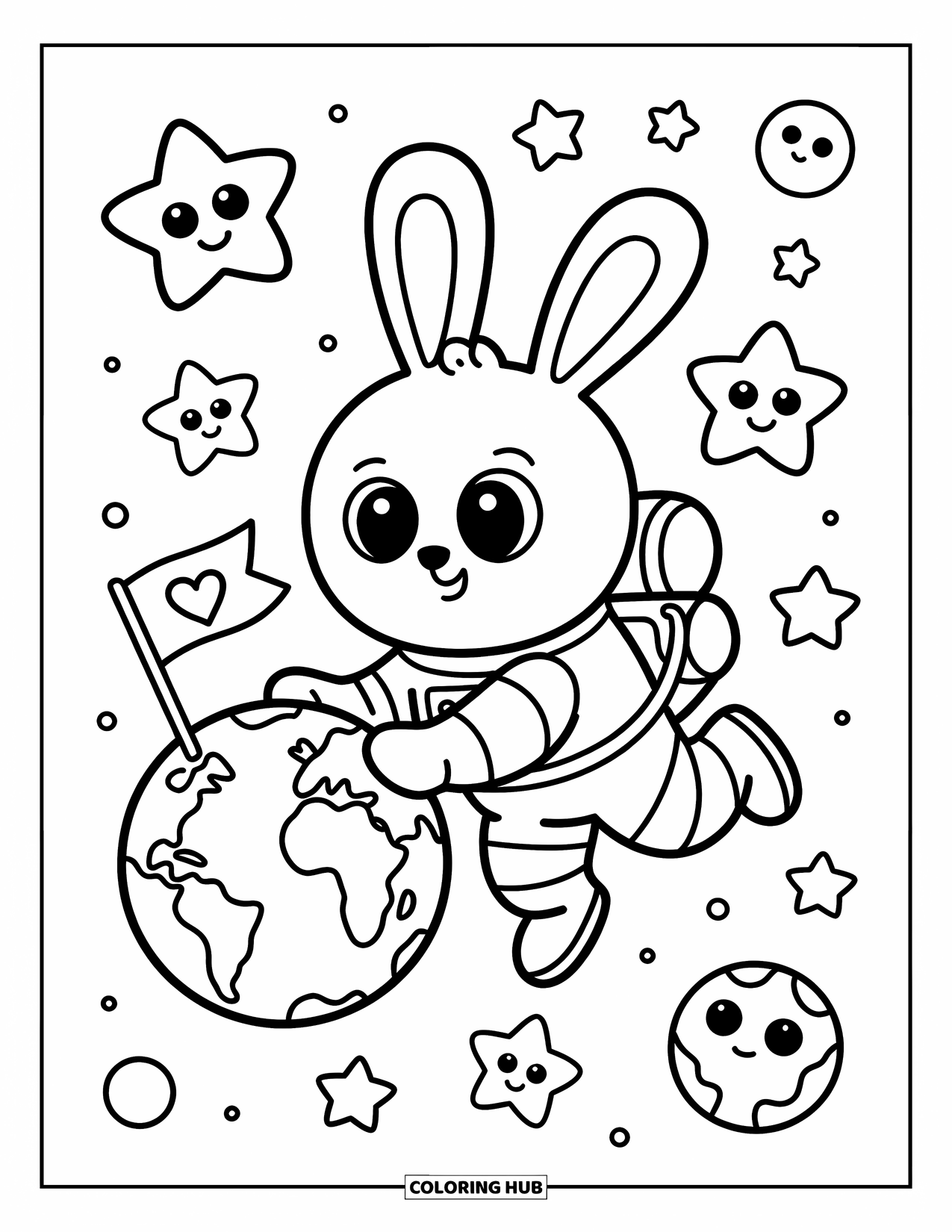 Coloriage de planète pour adultes : Un astronaute lapin flotte près de la Terre, plantant un drapeau de cœur parmi des étoiles et des planètes souriantes