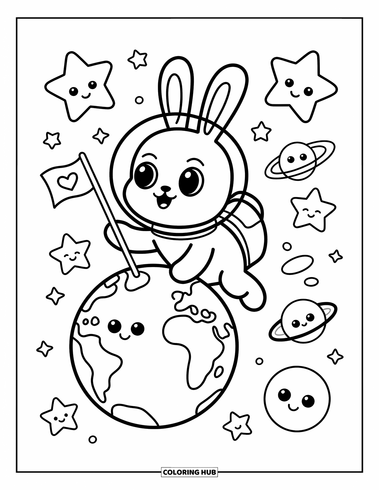 Coloriage de planète pour adultes : Un lapin dans l’espace plante un drapeau de cœur près d’une Terre souriante avec des planètes curieuses