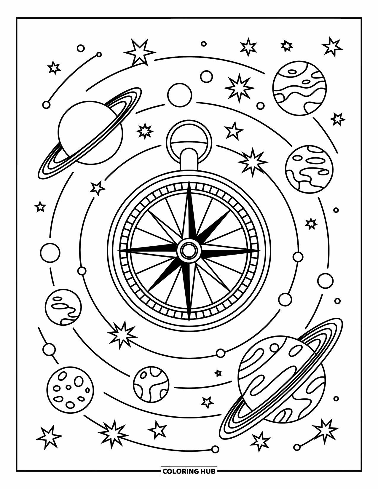 Coloriage de planète pour adultes : Une boussole céleste ancre une galaxie de planètes, de constellations et d’éléments spatiaux fluides