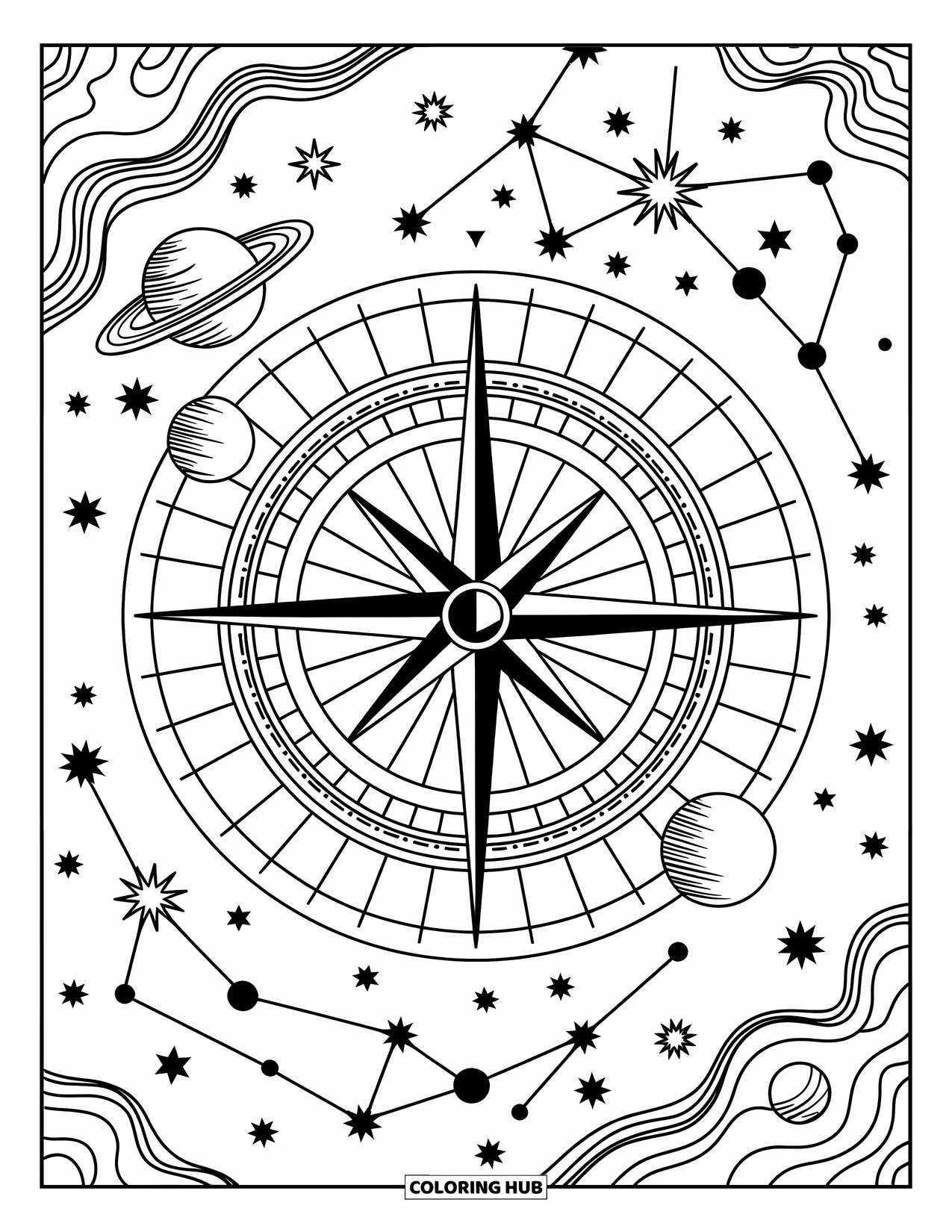 Coloriage de planète pour adultes : Une boussole céleste se trouve au centre, avec des planètes en orbite et des motifs d’étoiles tourbillonnantes