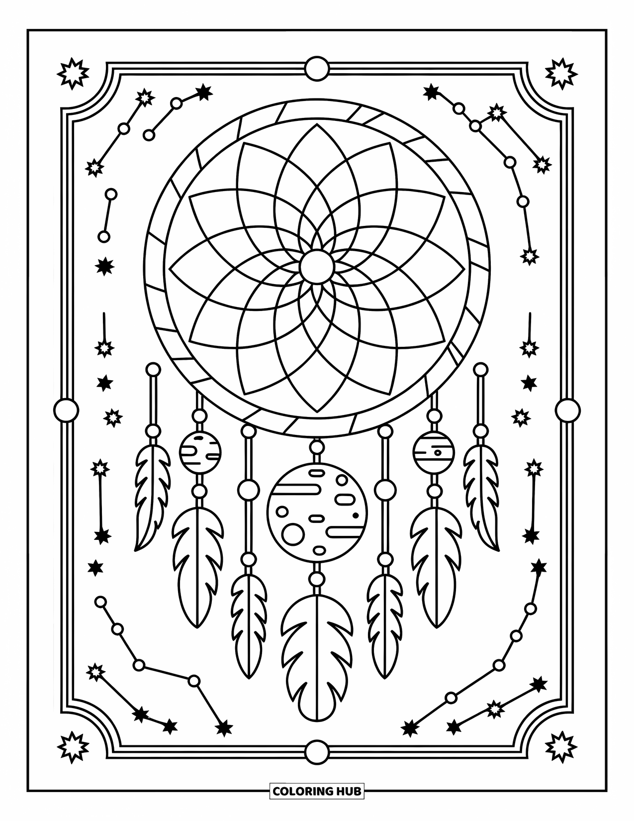 Coloriage de planète pour adultes : Un attrape-rêves céleste contient des planètes et des lunes à motifs, encadrées par des étoiles et des constellations