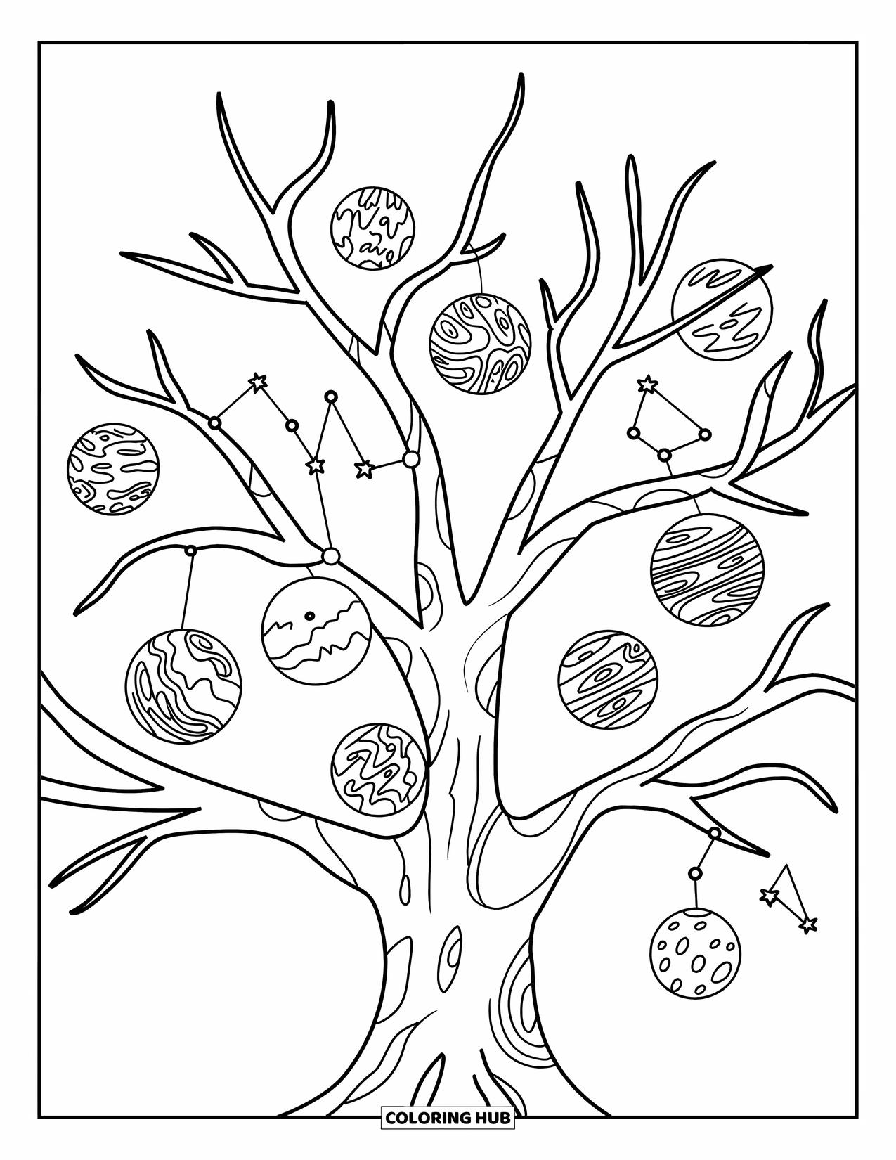 Desenho de Planeta para Colorir para Adultos: Uma árvore celestial carrega planetas como frutas, com galhos rodopiantes e constelações tecidas como vinhas