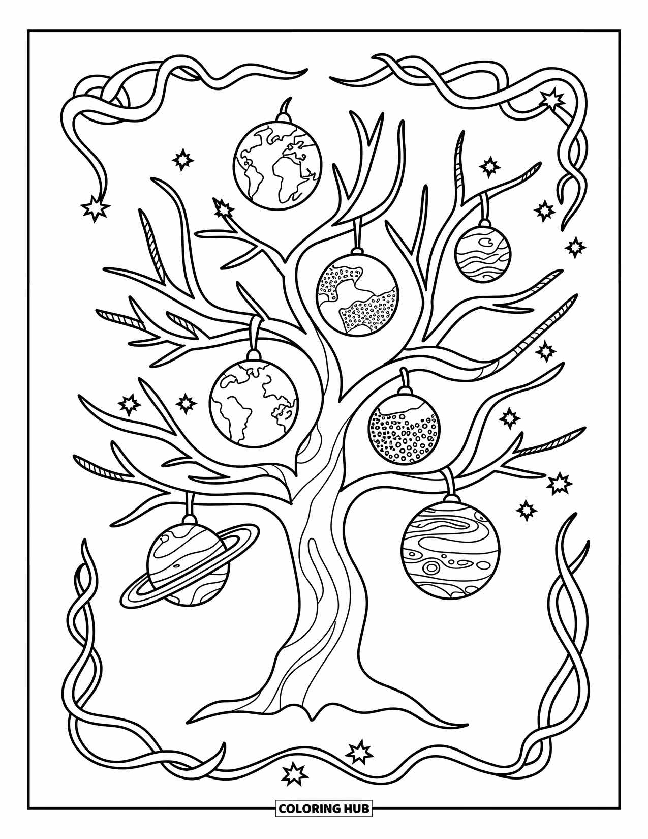 Coloriage de planète pour adultes : Un arbre céleste fait pousser des planètes comme des fruits, avec des branches reliées par des constellations étoilées tourbillonnantes