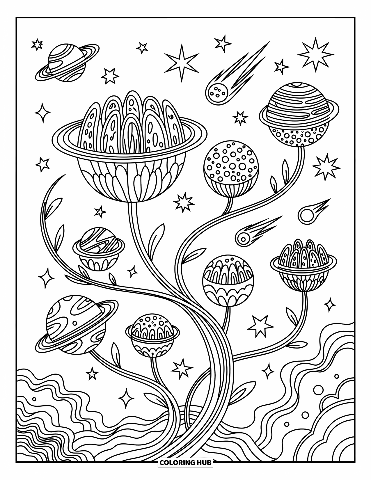 Coloriage de planète pour adultes : Une fleur-planète centrale s’épanouit dans un jardin spatial fluide rempli d’étoiles et de tourbillons cosmiques
