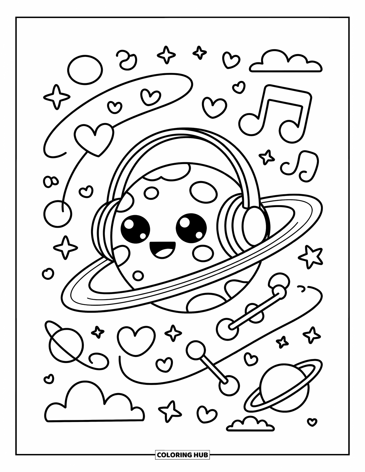 Coloriage de planète pour adultes : Une planète joyeuse portant des écouteurs dérive avec des cœurs, des notes de musique et de petites planètes ludiques