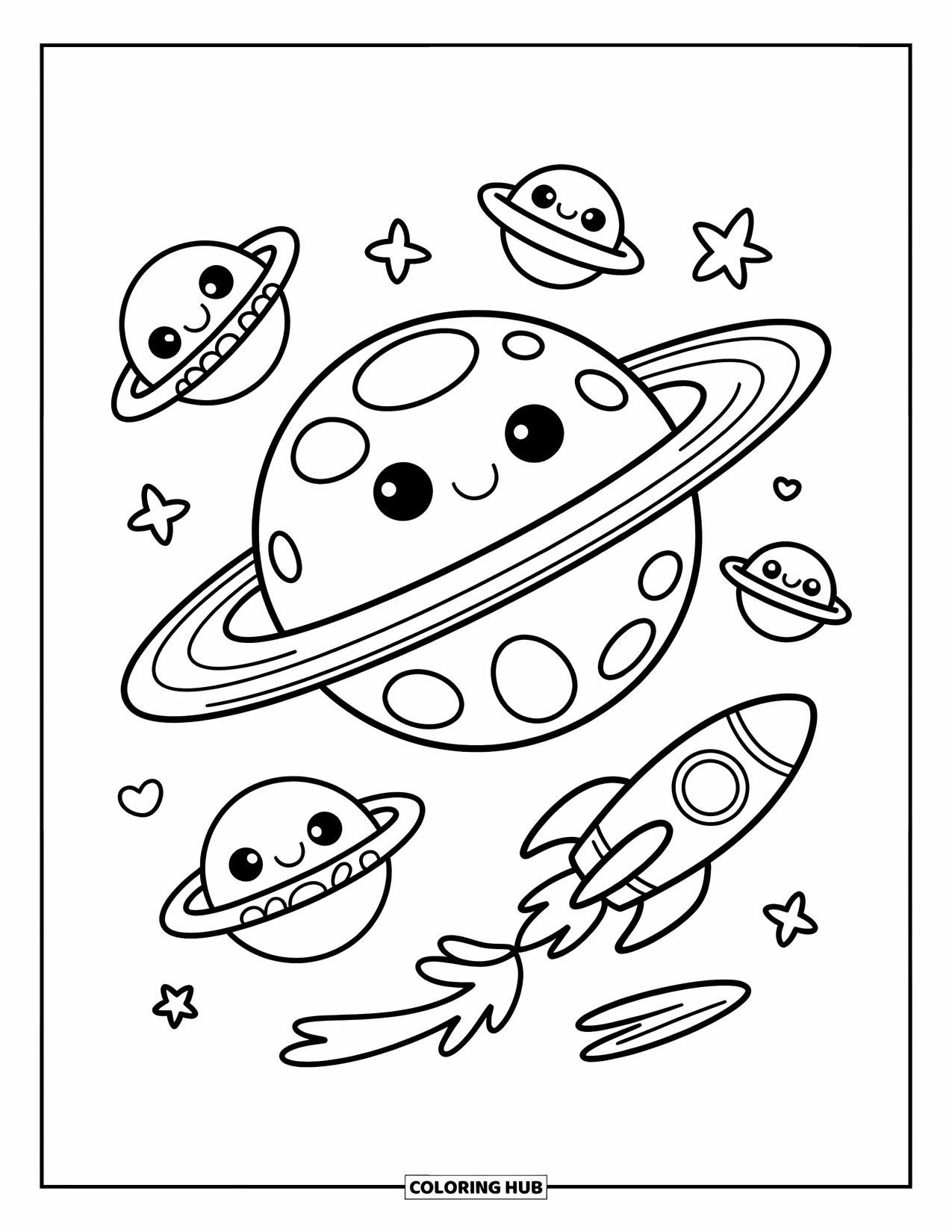 Coloriage de planète pour adultes : Une planète potelée avec des anneaux de beignet flotte avec des fusées à queue de ruban et de petites lunes en nœuds