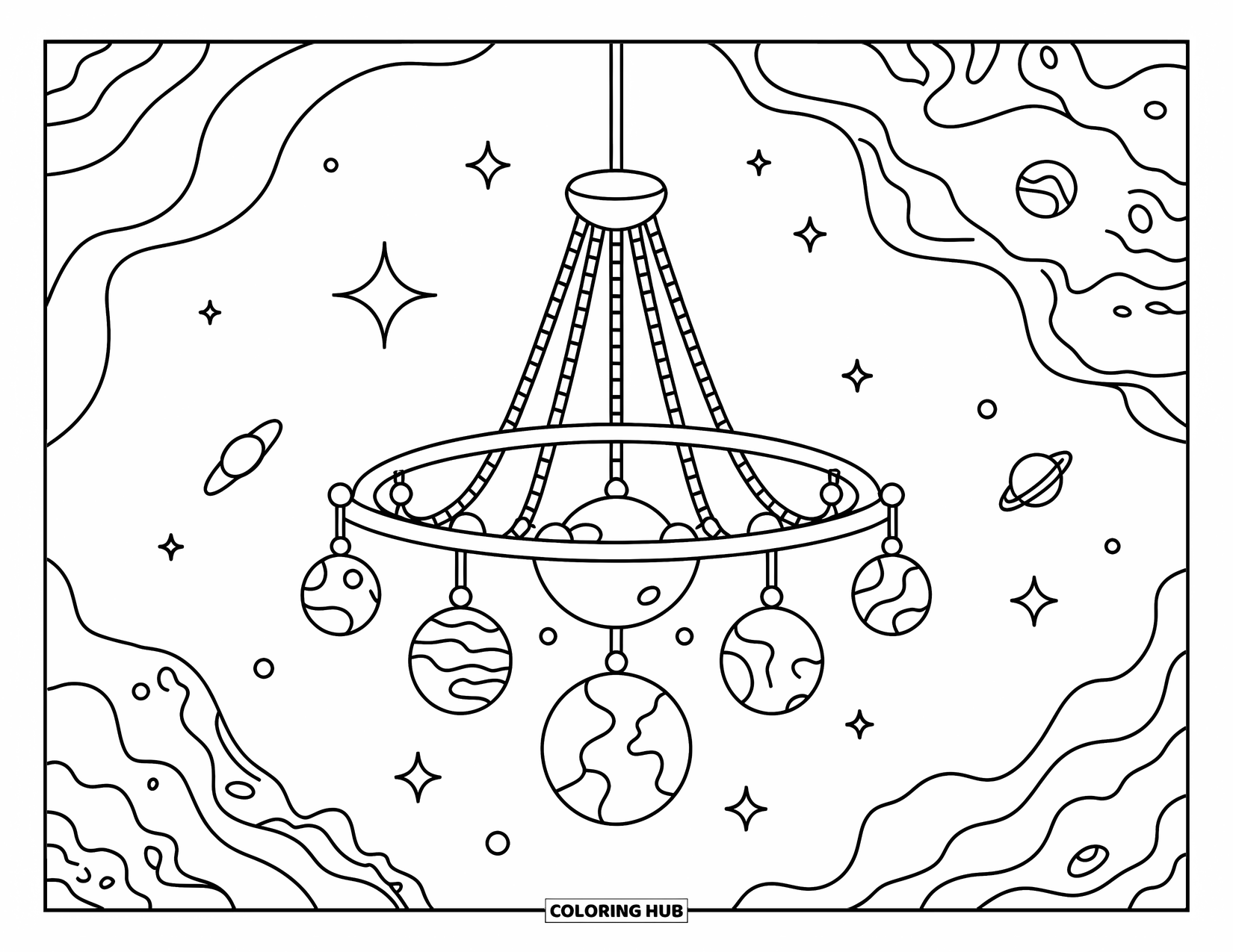 Coloriage de planète pour adultes : Un lustre cosmique avec des planètes pend dans l’espace, entouré d’étoiles tourbillonnantes et d’astéroïdes