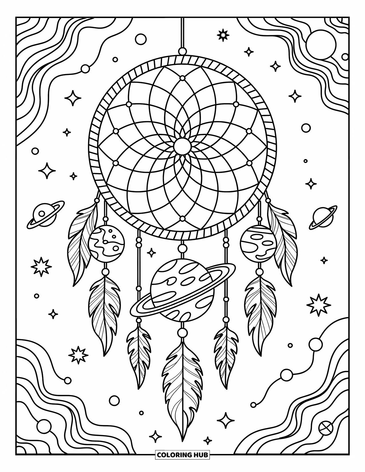 Coloriage de planète pour adultes : Un attrape-rêves cosmique contient des planètes avec des anneaux et des lunes, entouré de nébuleuses et d’étoiles