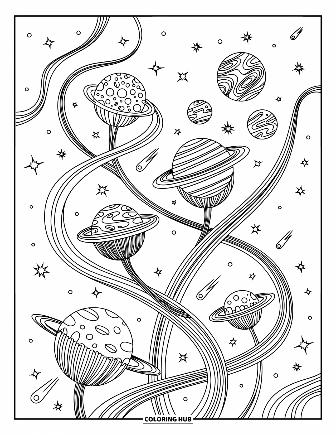 Coloriage de planète pour adultes : Un jardin cosmique de planètes en fleurs et de vignes fluides est parsemé d’étoiles et de comètes