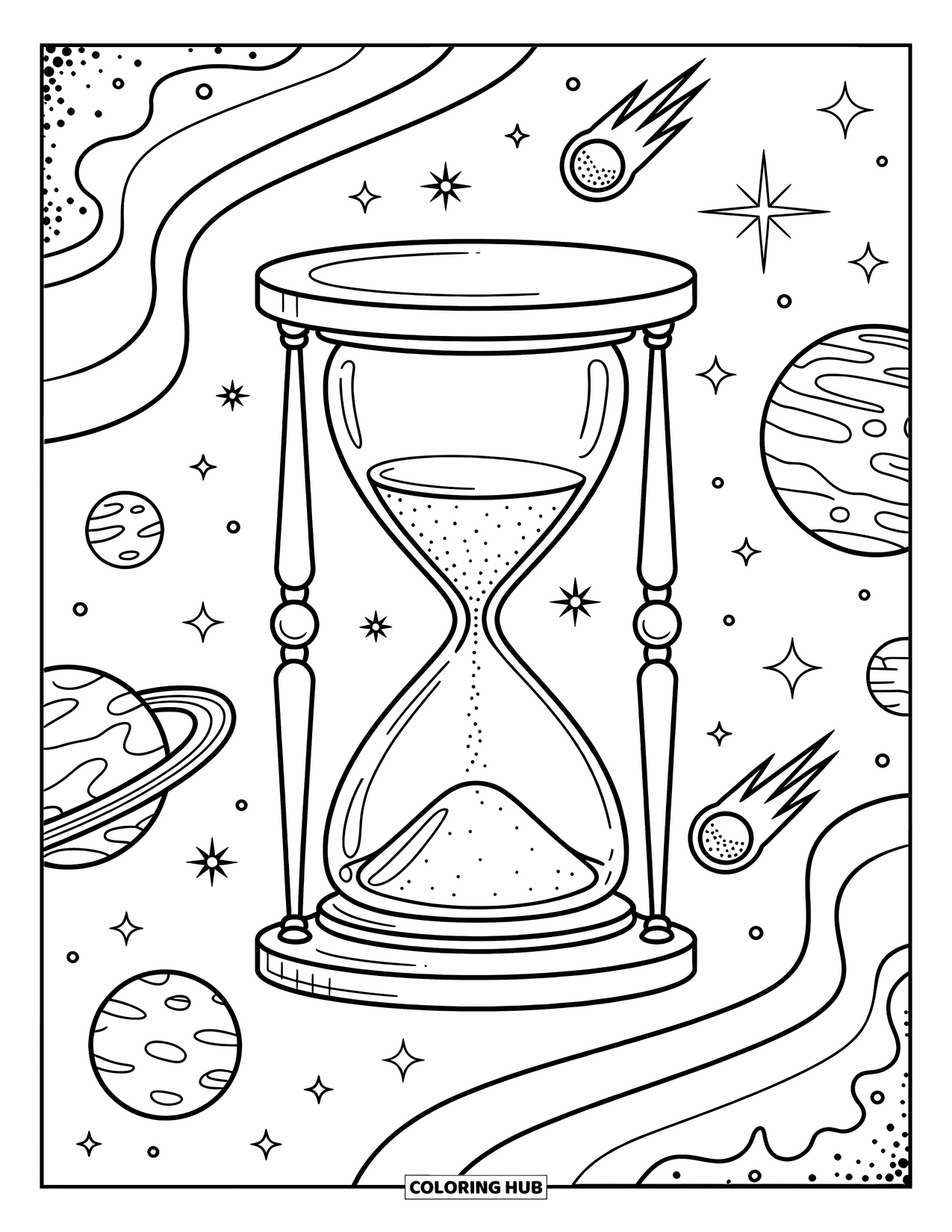 Coloriage de planète pour adultes : Un sablier cosmique relie des planètes détaillées avec des flux de sable gracieux et un fond étoilé