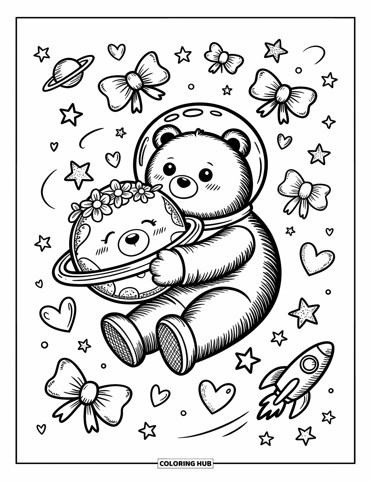 Coloriage de planète pour adultes : Un ours câlin dans une combinaison spatiale serre dans ses bras une petite planète couronnée de fleurs et d’étoiles en orbite