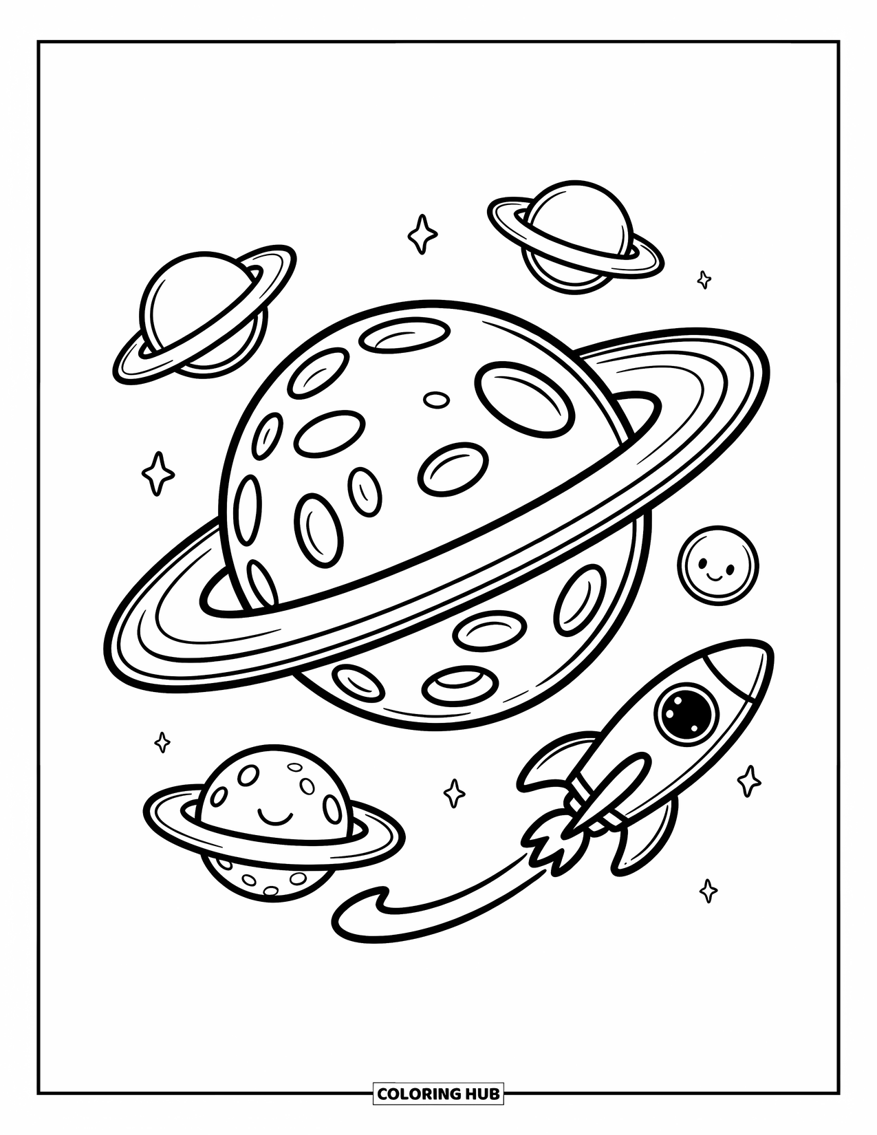 Coloriage de planète pour adultes : Une planète mignonne avec des anneaux de beignet orbite avec de petites lunes en nœuds et une fusée souriante