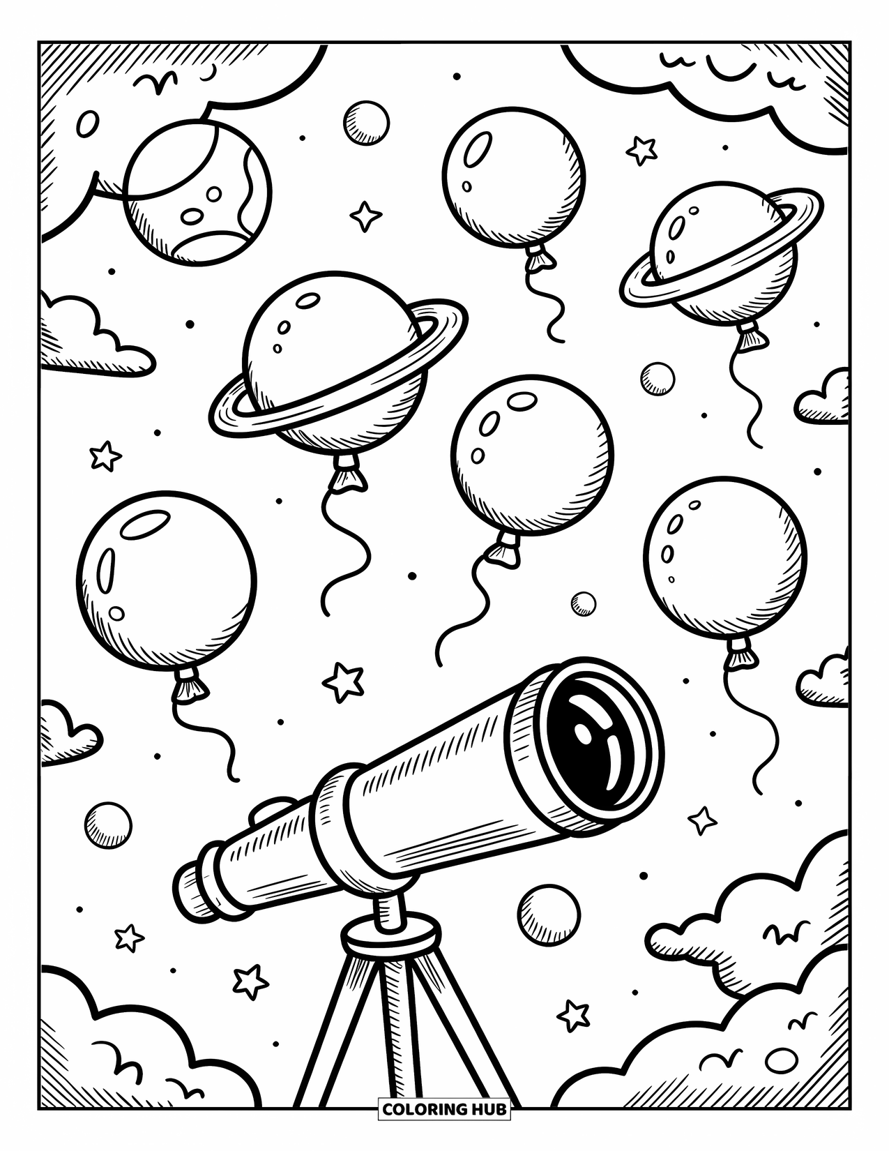 Coloriage de planète pour adultes : Un télescope mignon regarde des ballons planétaires flottants attachés avec des rubans bouclés et de petits charmes