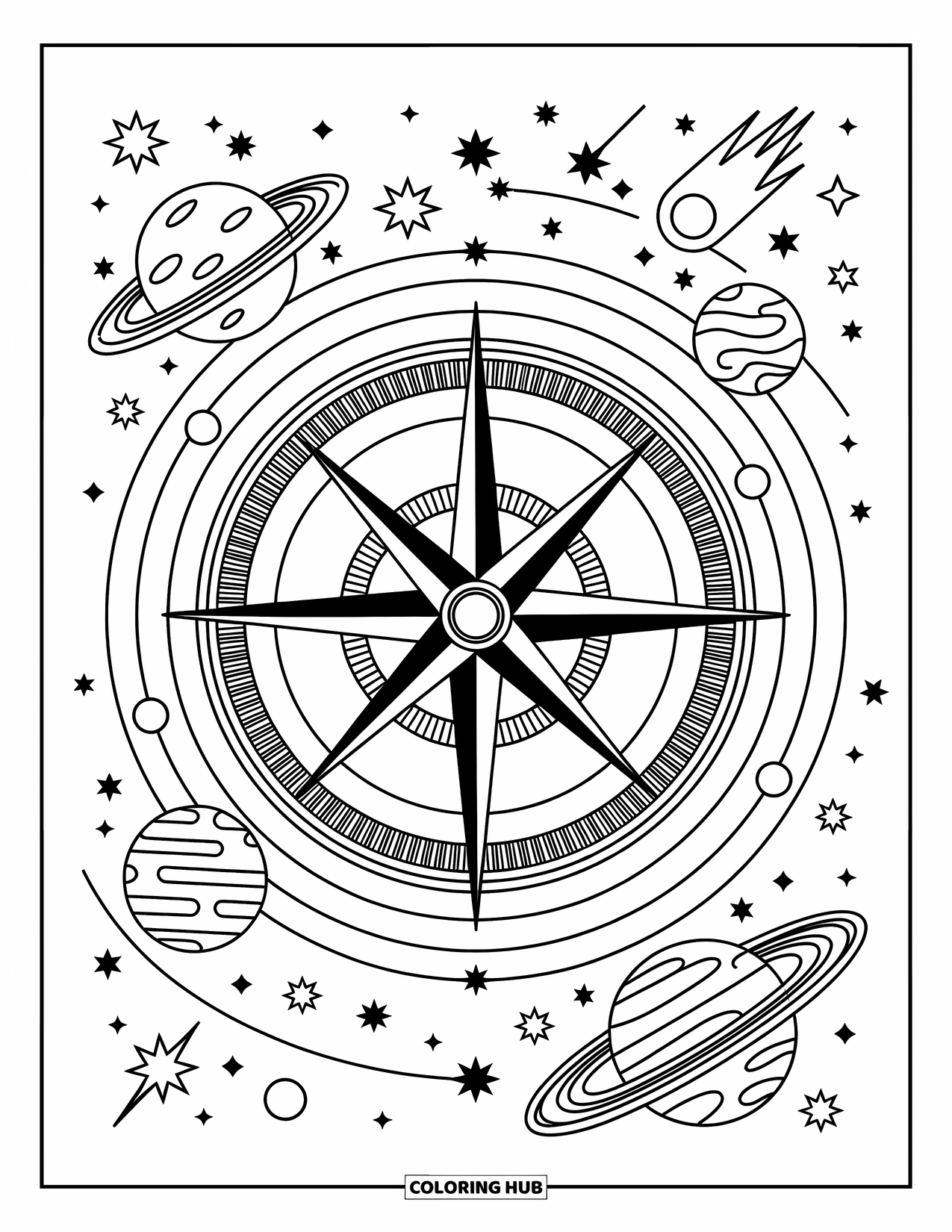 Coloriage de planète pour adultes : Une boussole détaillée est encerclée par des planètes, des lunes et d’élégants symboles cosmiques
