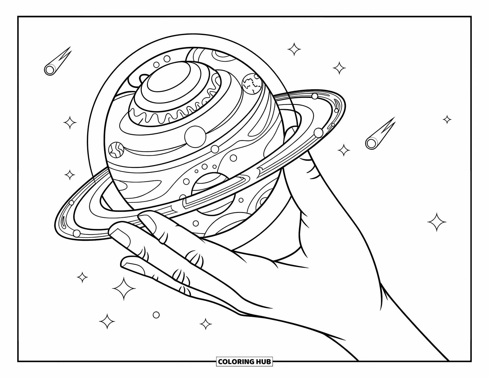 Coloriage de planète pour adultes : Une main détaillée tient un orbe solaire brillant entouré de planètes en couches et de motifs d’étoiles