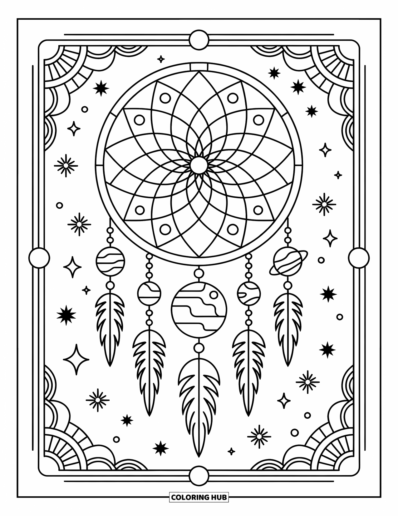 Coloriage de planète pour adultes : Un attrape-rêves rempli de lignes cosmiques contient des planètes à motifs entourées d’un ciel étoilé
