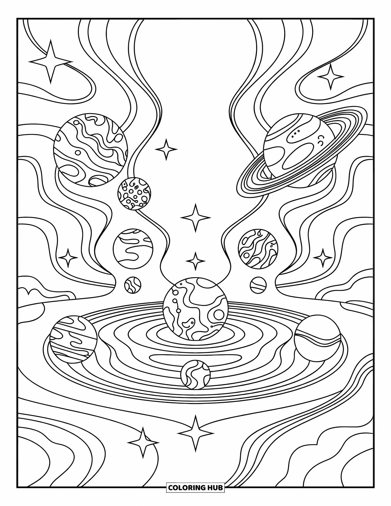 Coloriage de planète pour adultes : Un système solaire rêveur se reflète dans des étoiles tourbillonnantes, avec des planètes et des lunes disposées en symétrie