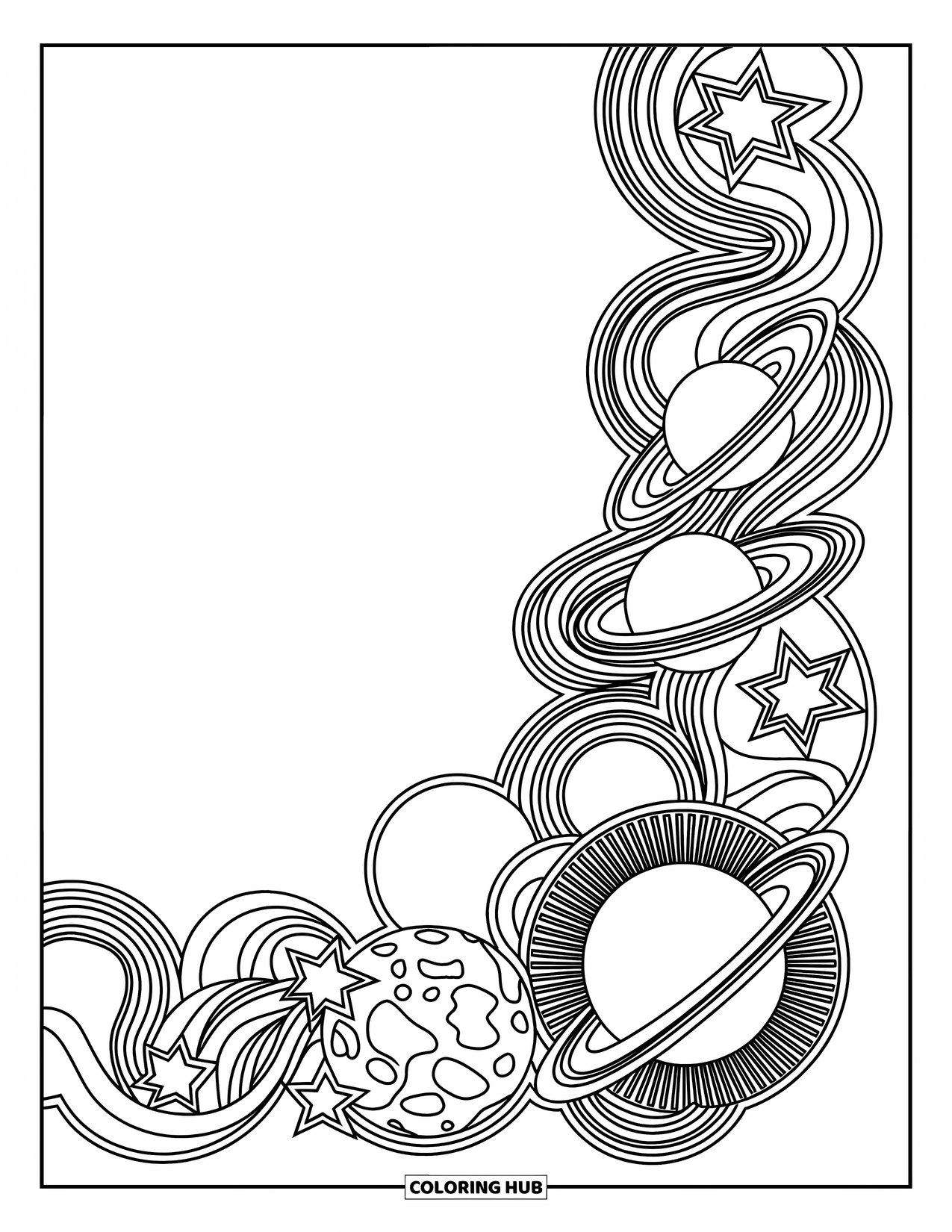 Coloriage de planète pour adultes : Une bordure fluide d’étoiles, d’anneaux et de planètes tourbillonnantes s’entrelace dans un design de dentelle cosmique