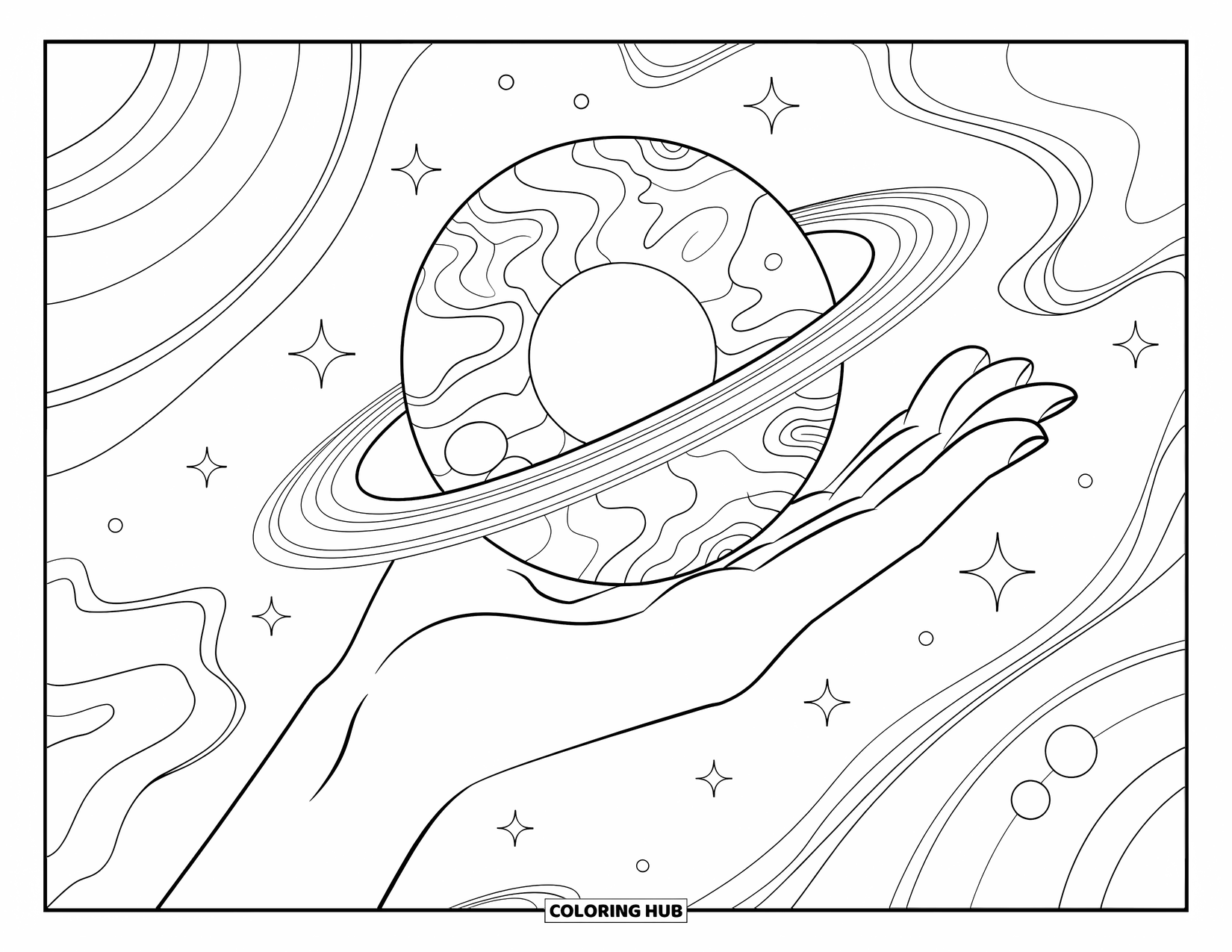 Coloriage de planète pour adultes : Une main tient doucement un orbe de système solaire en couches avec des planètes tourbillonnantes et des ciels étoilés