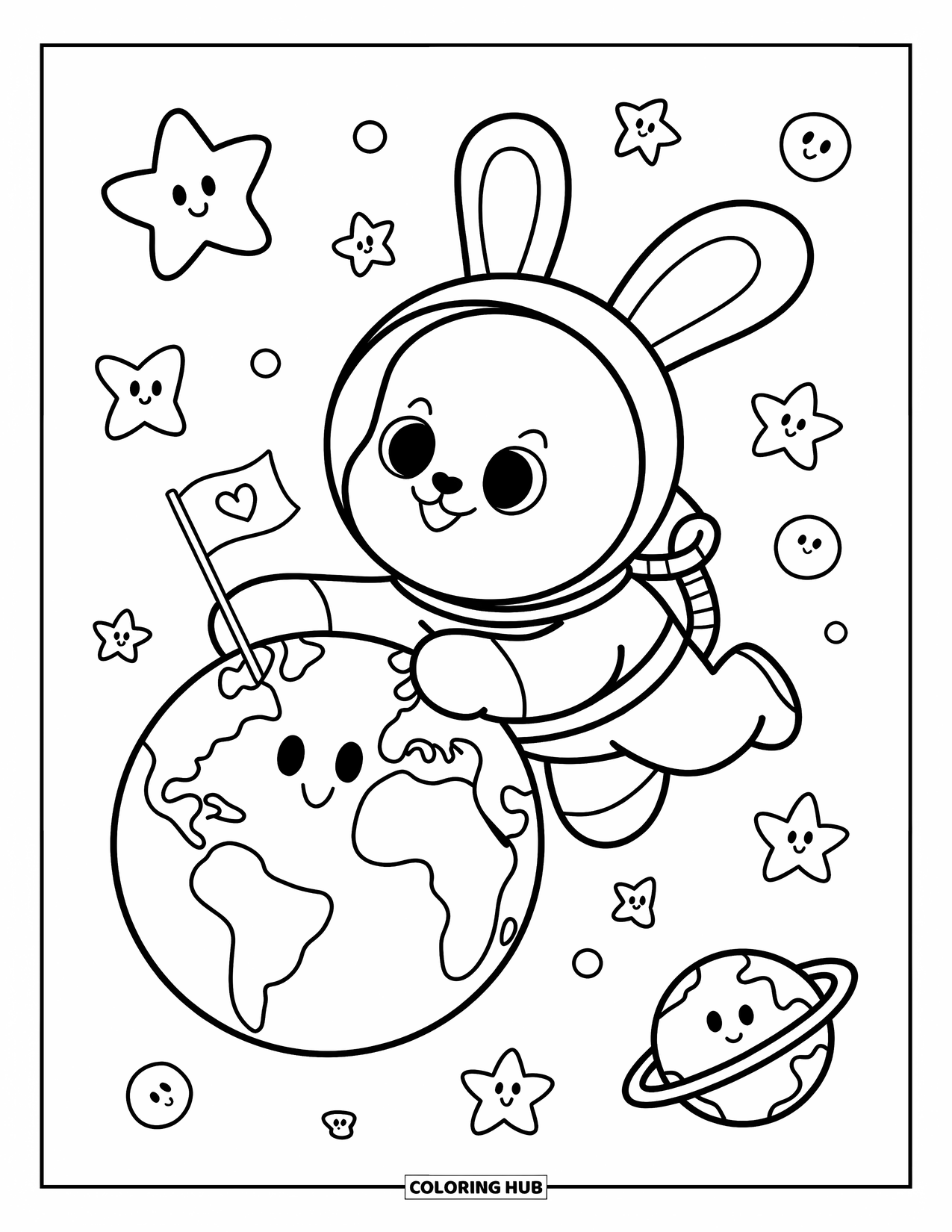 Coloriage de planète pour adultes : Un lapin heureux flotte près de la Terre avec un drapeau de cœur et des étoiles souriantes dans le ciel