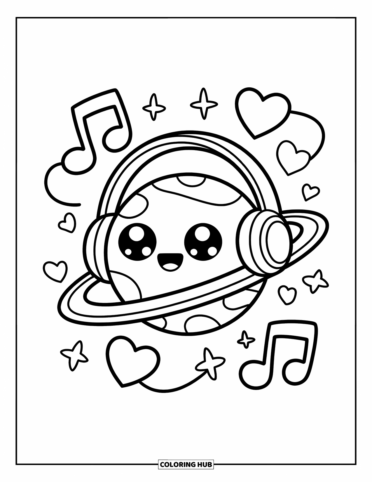 Coloriage de planète pour adultes : Une planète heureuse avec des écouteurs flotte à travers des notes en orbite, des cœurs et des breloques d’étoiles scintillantes