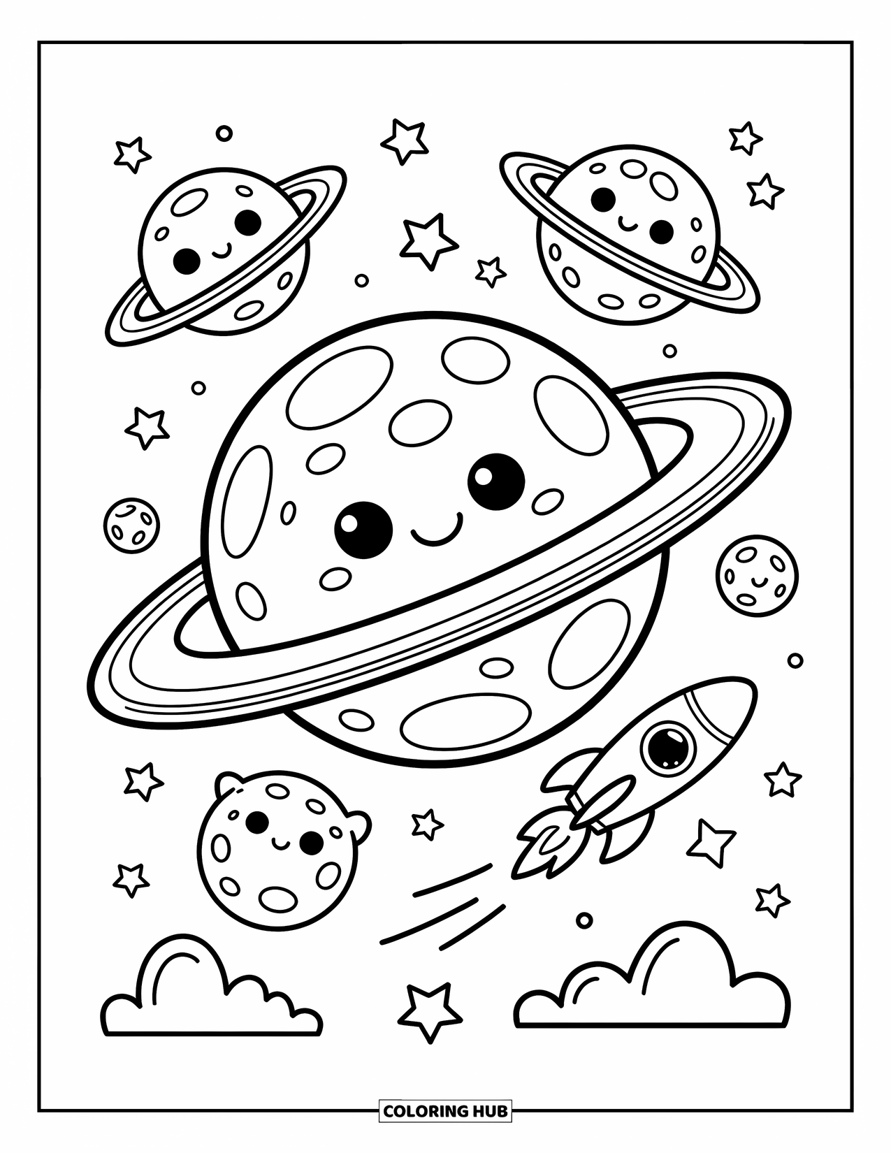 Coloriage de planète pour adultes : Une planète heureuse avec des anneaux gonflés est rejointe par des lunes, des étoiles et une fusée à ruban