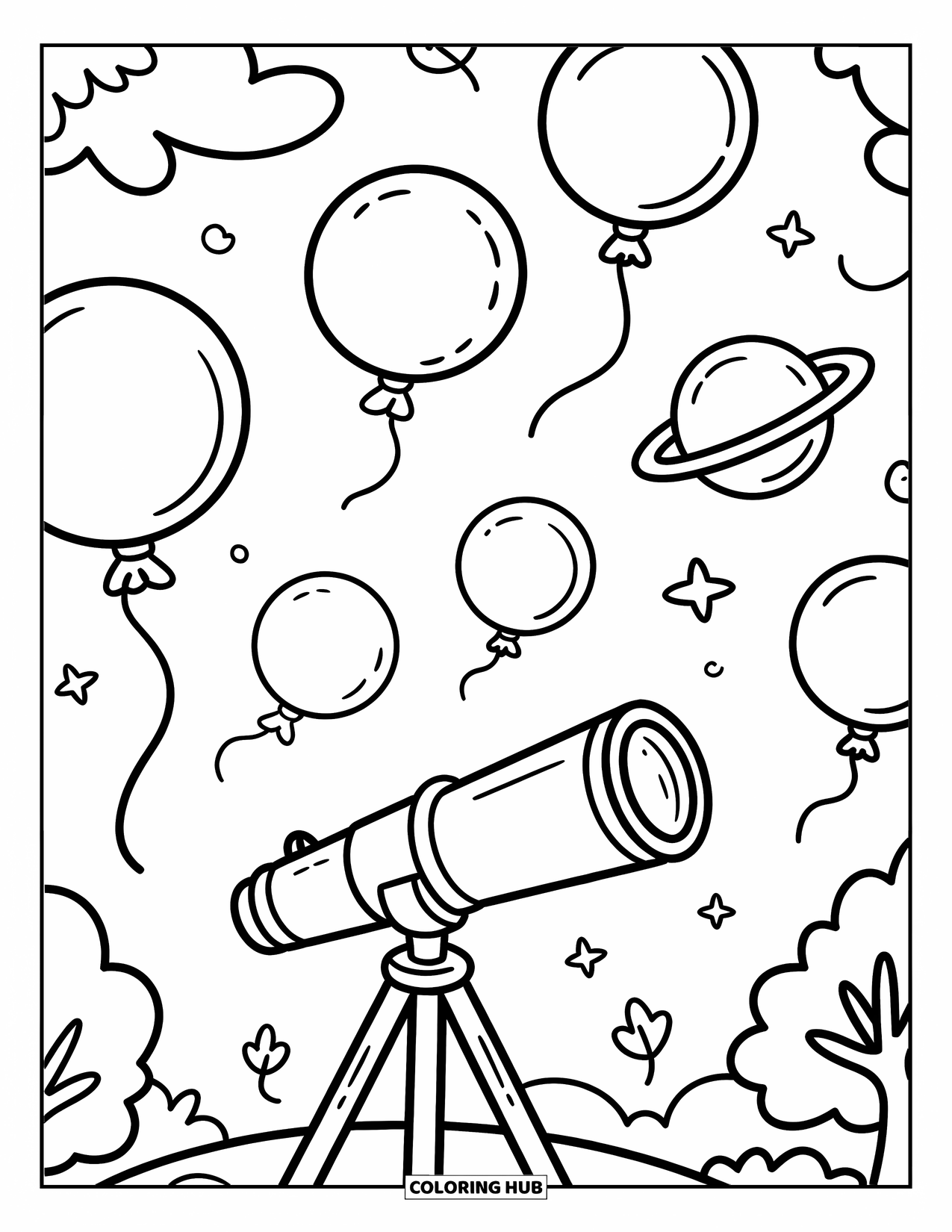 Coloriage de planète pour adultes : Un télescope kawaii regarde des ballons planétaires flottants avec des rubans bouclés et de petits charmes