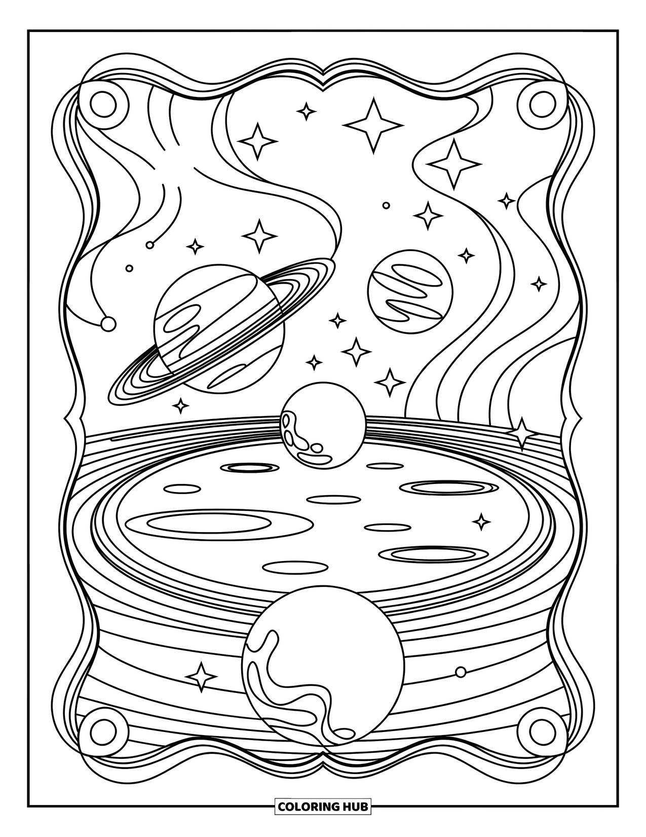 Coloriage de planète pour adultes : Un système solaire en miroir flotte au-dessus d’une piscine d’étoiles tourbillonnantes avec des motifs complexes et rêveurs