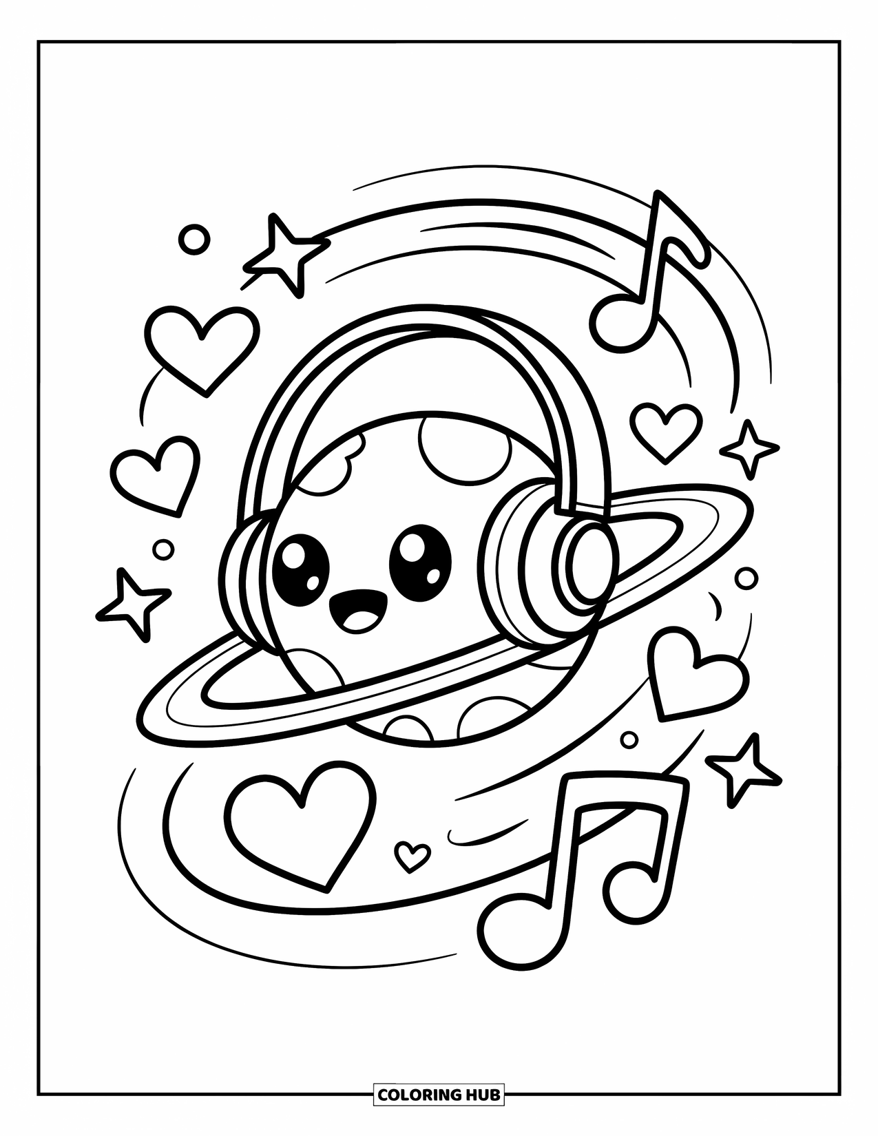 Coloriage de planète pour adultes : Une planète avec des écouteurs flotte parmi des notes de musique, des cœurs et des breloques d’étoiles scintillantes