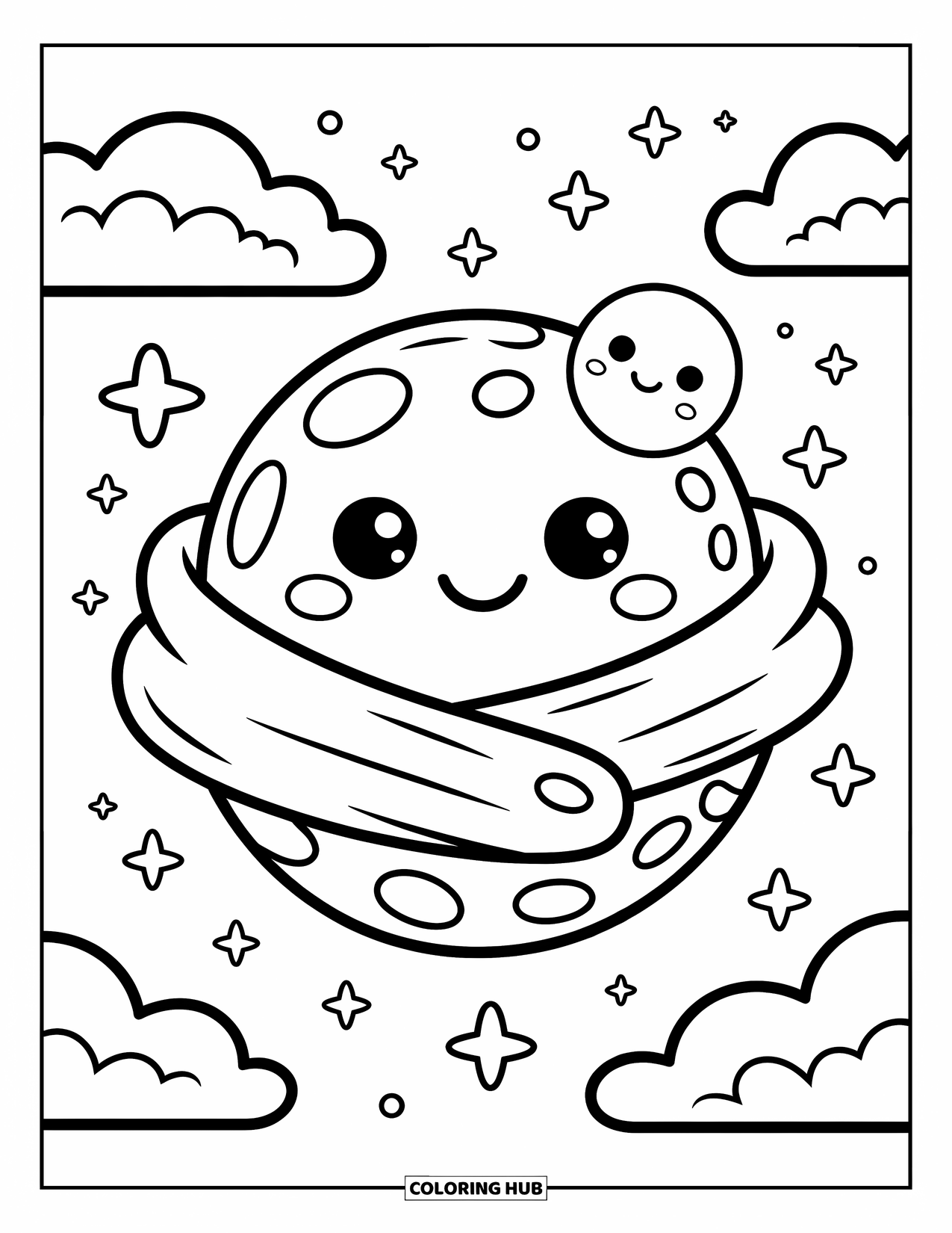Coloriage de planète pour adultes : Une planète endormie flotte dans une couverture étoilée avec des nuages, des étincelles et une lune en peluche