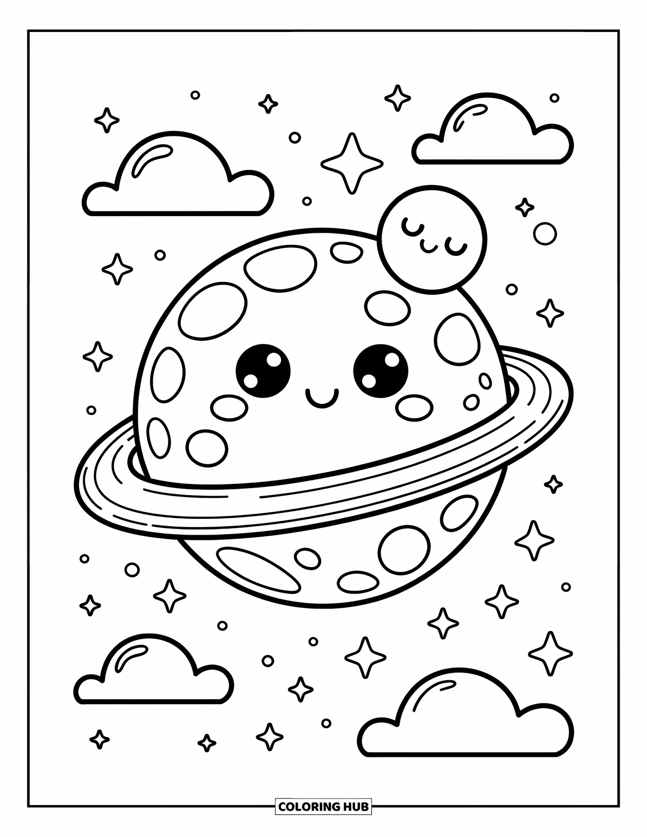 Dibujo de planeta para colorear para adultos: Un planeta somnoliento envuelto en estrellas descansa con destellos y una luna como un juguete suave