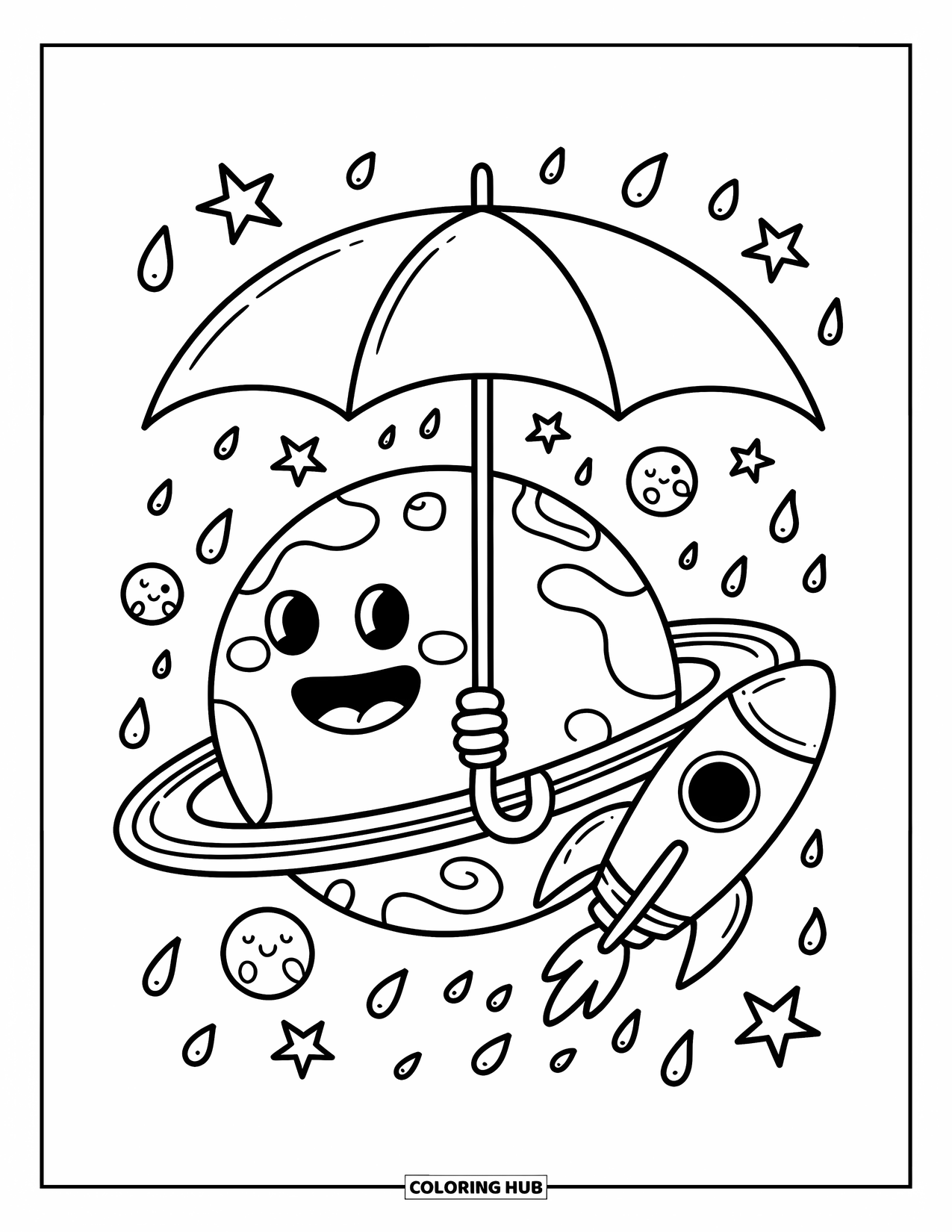 Coloriage de planète pour adultes : Une planète souriante tient un parapluie tandis que des lunes se rassemblent en dessous et qu’une fusée passe en trombe